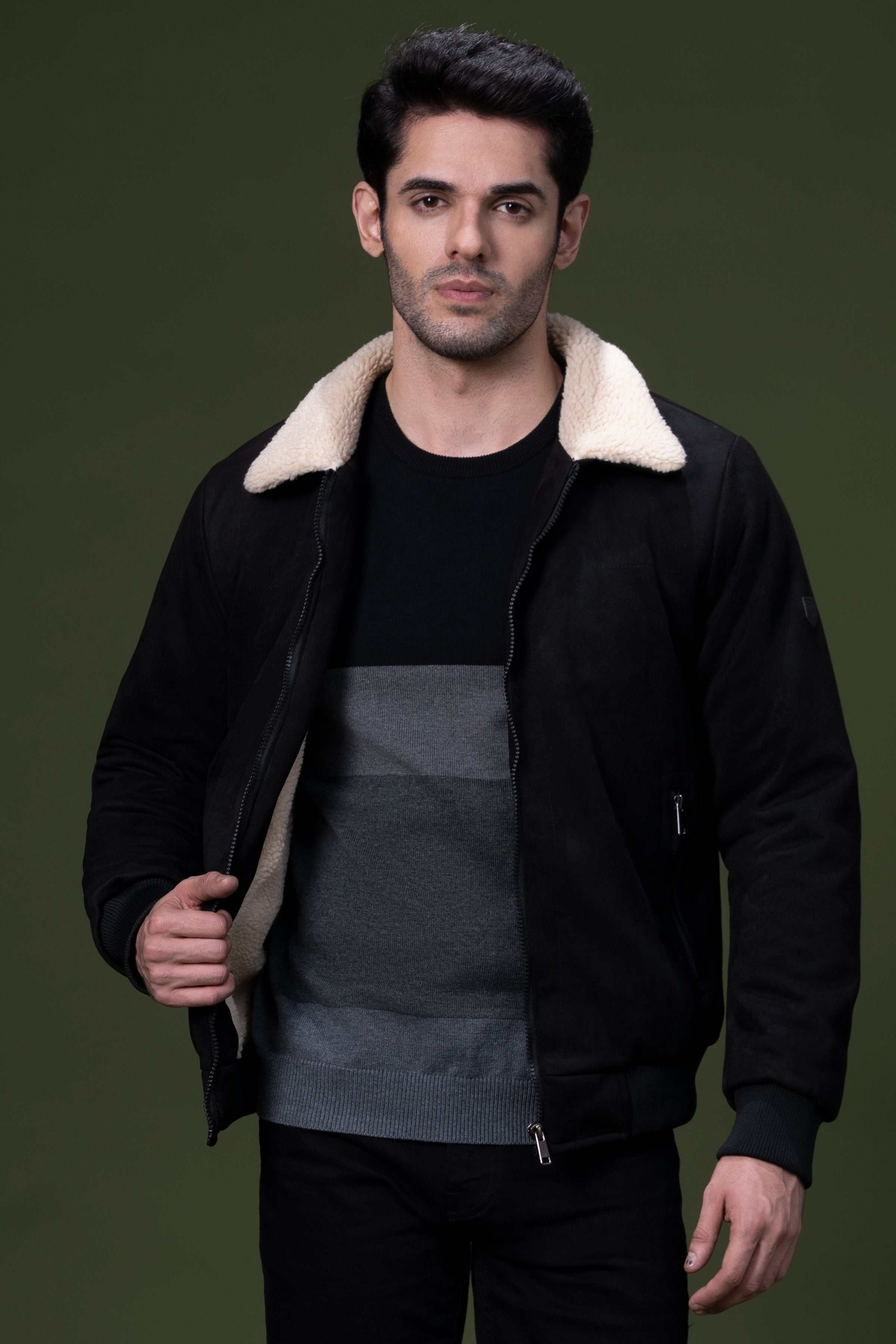 FUR COLLAR SUEDE JACKET BLACK at Charcoal Clothing