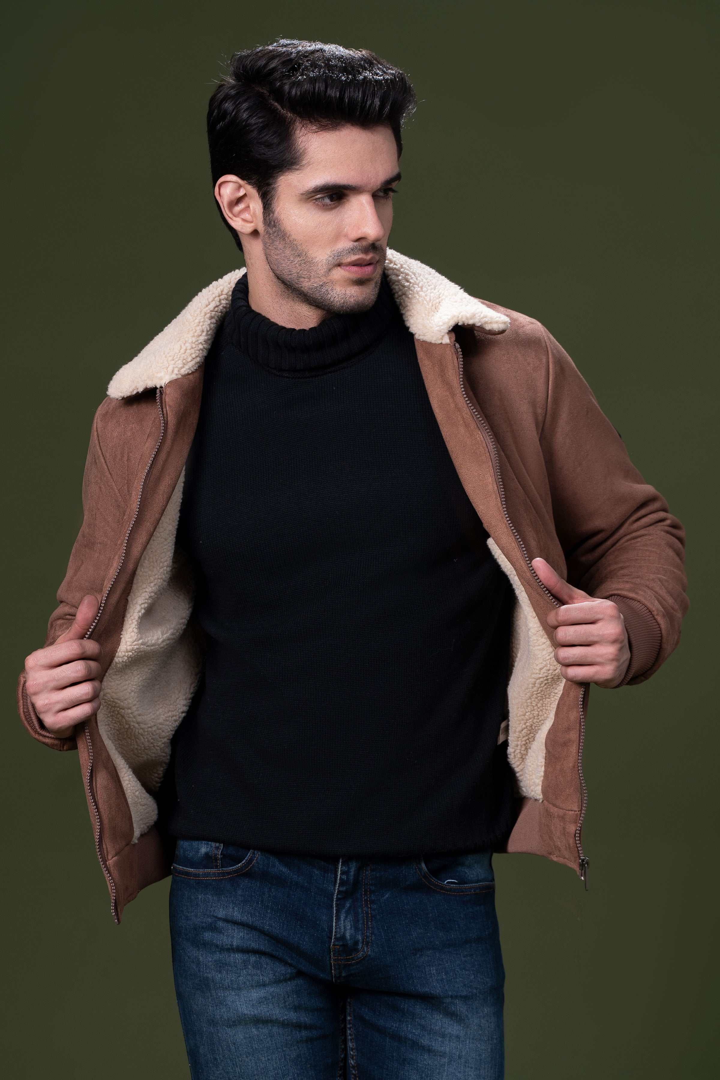 FUR COLLAR SUEDE JACKET BROWN at Charcoal Clothing