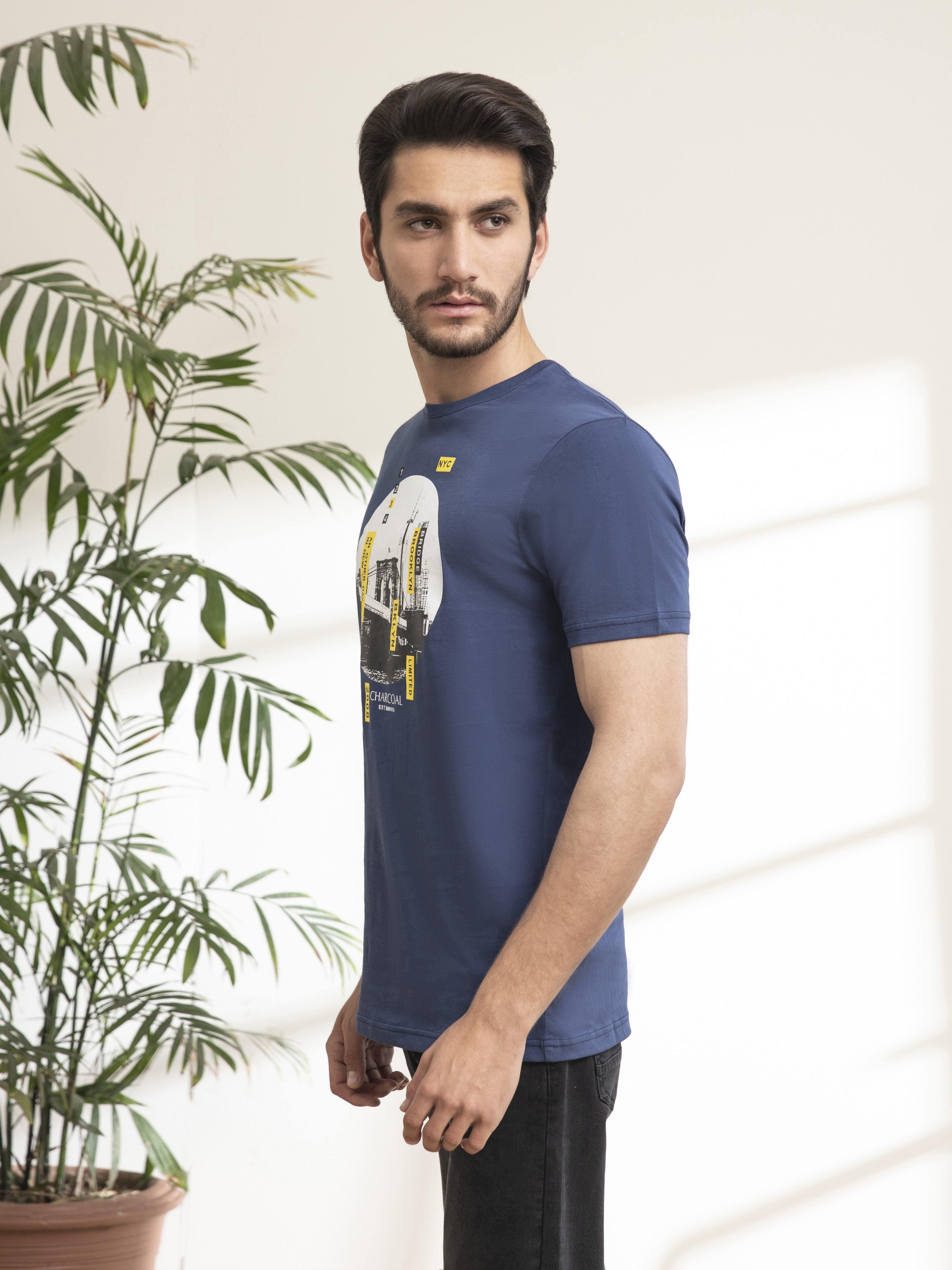 GRAPHIC T SHIRT CREW NECK NAVY BLUE at Charcoal Clothing