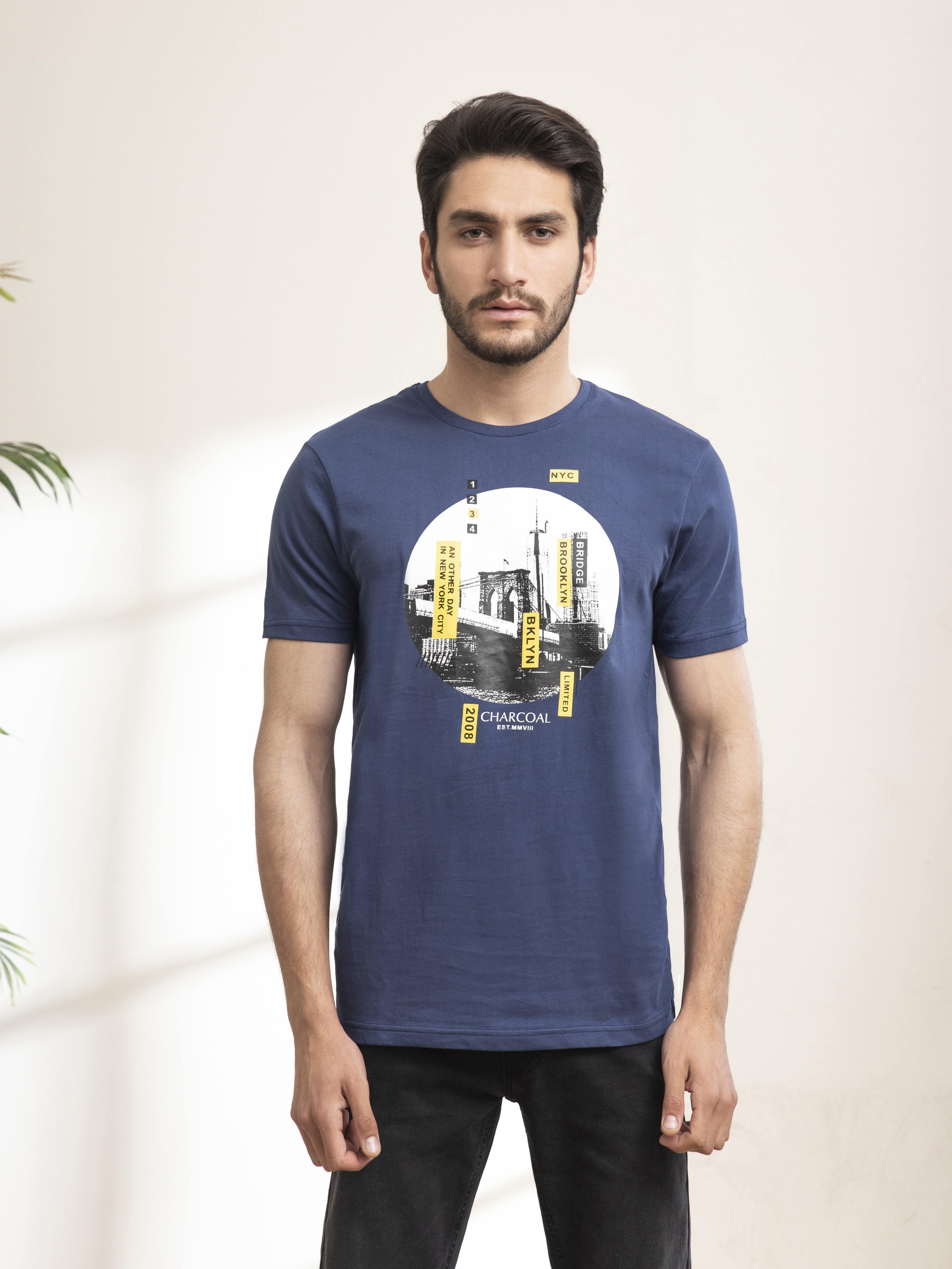 GRAPHIC T SHIRT CREW NECK NAVY BLUE at Charcoal Clothing