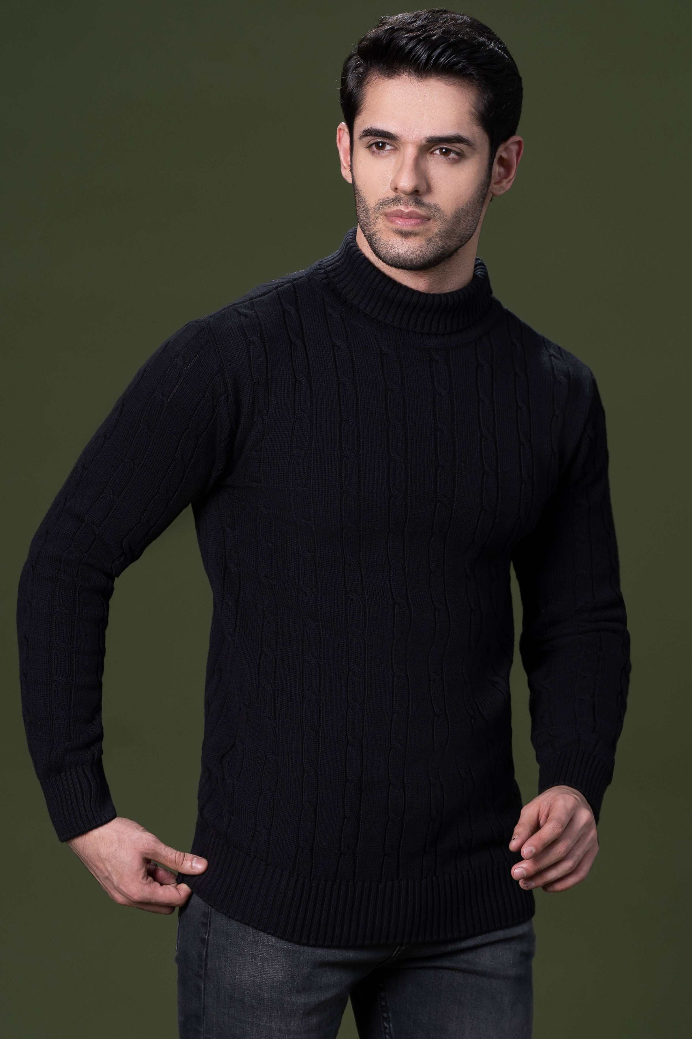 HIGH NECK CABLE SWEATER BLACK at Charcoal Clothing