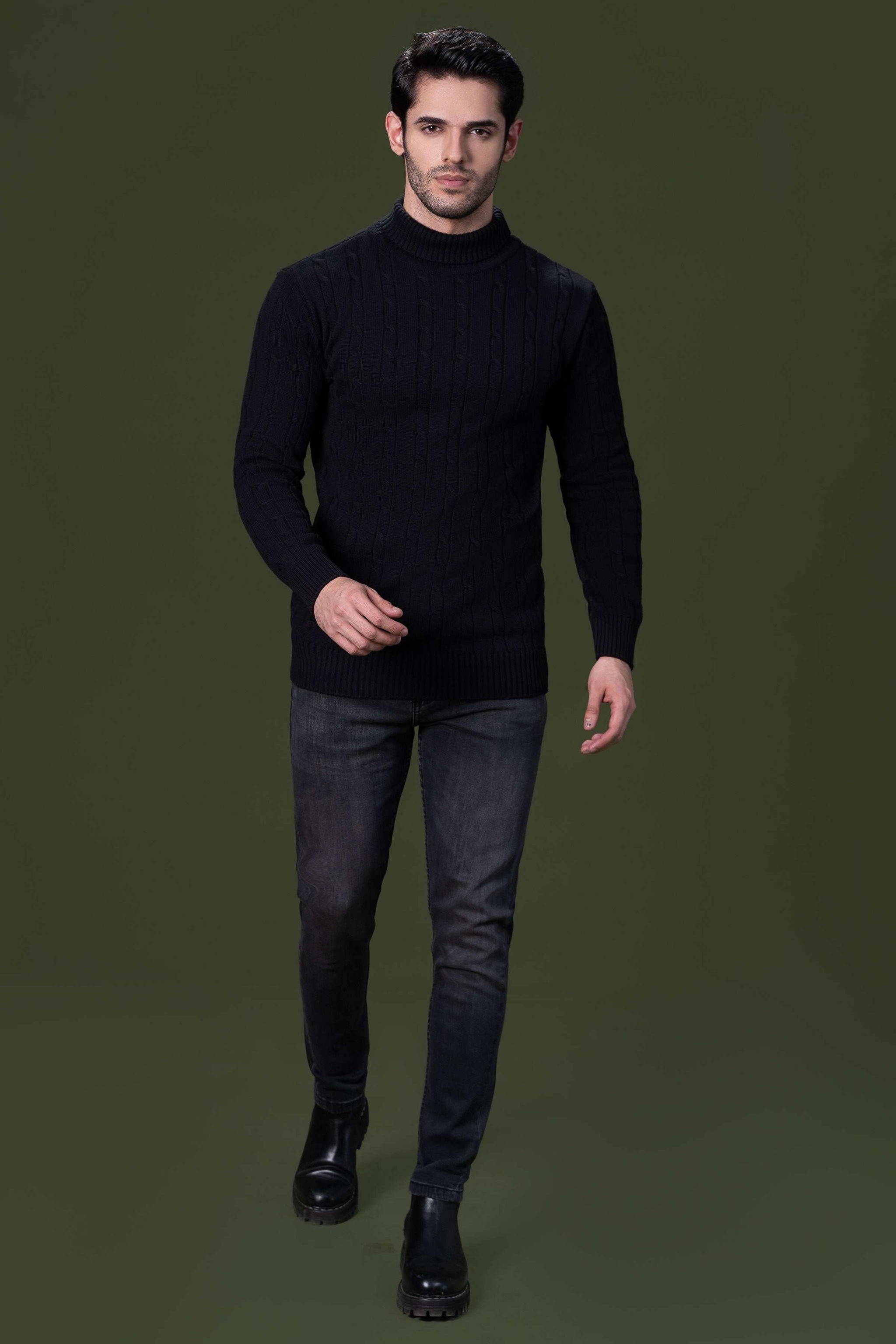HIGH NECK CABLE SWEATER BLACK