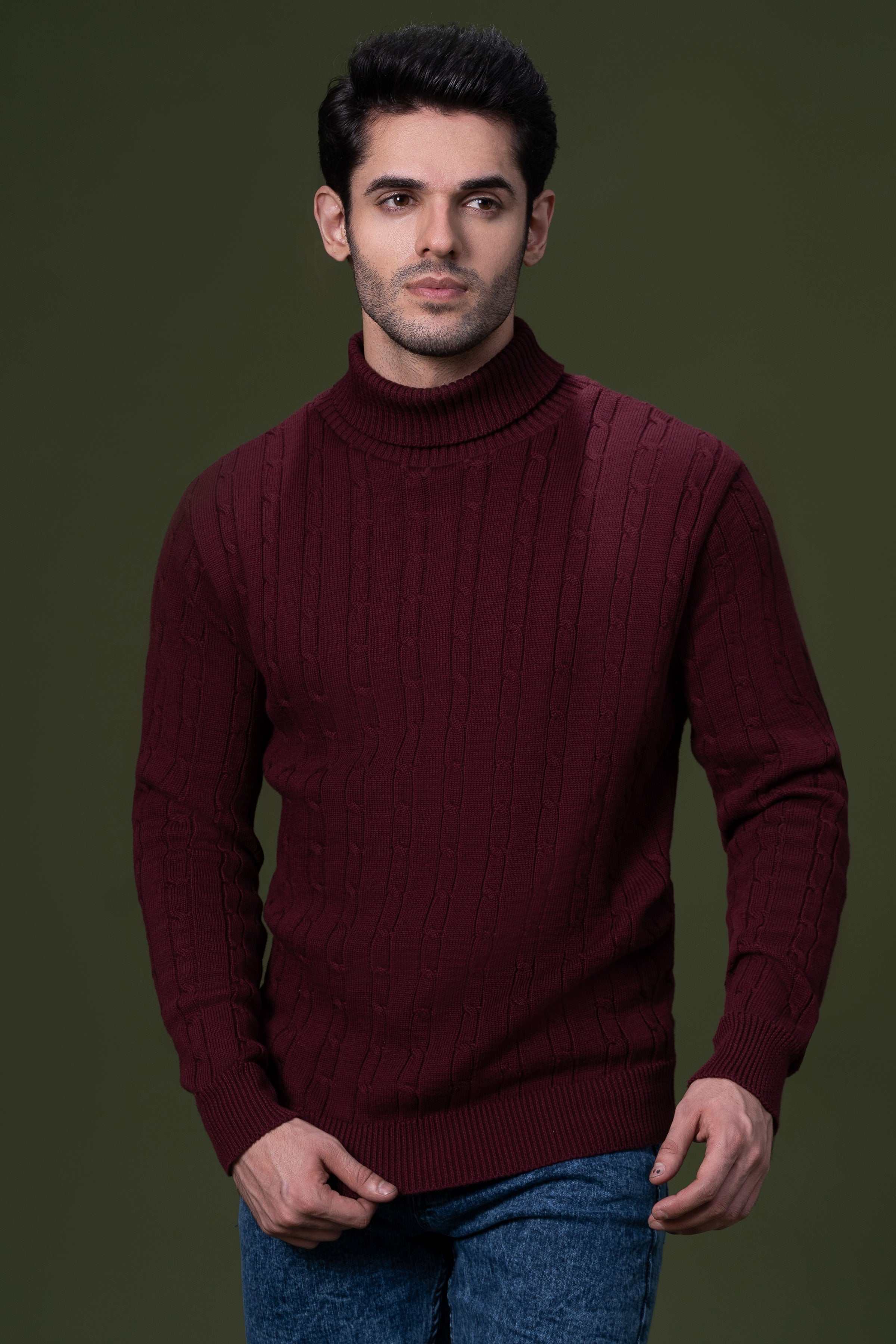 HIGH NECK CABLE SWEATER MAROON at Charcoal Clothing