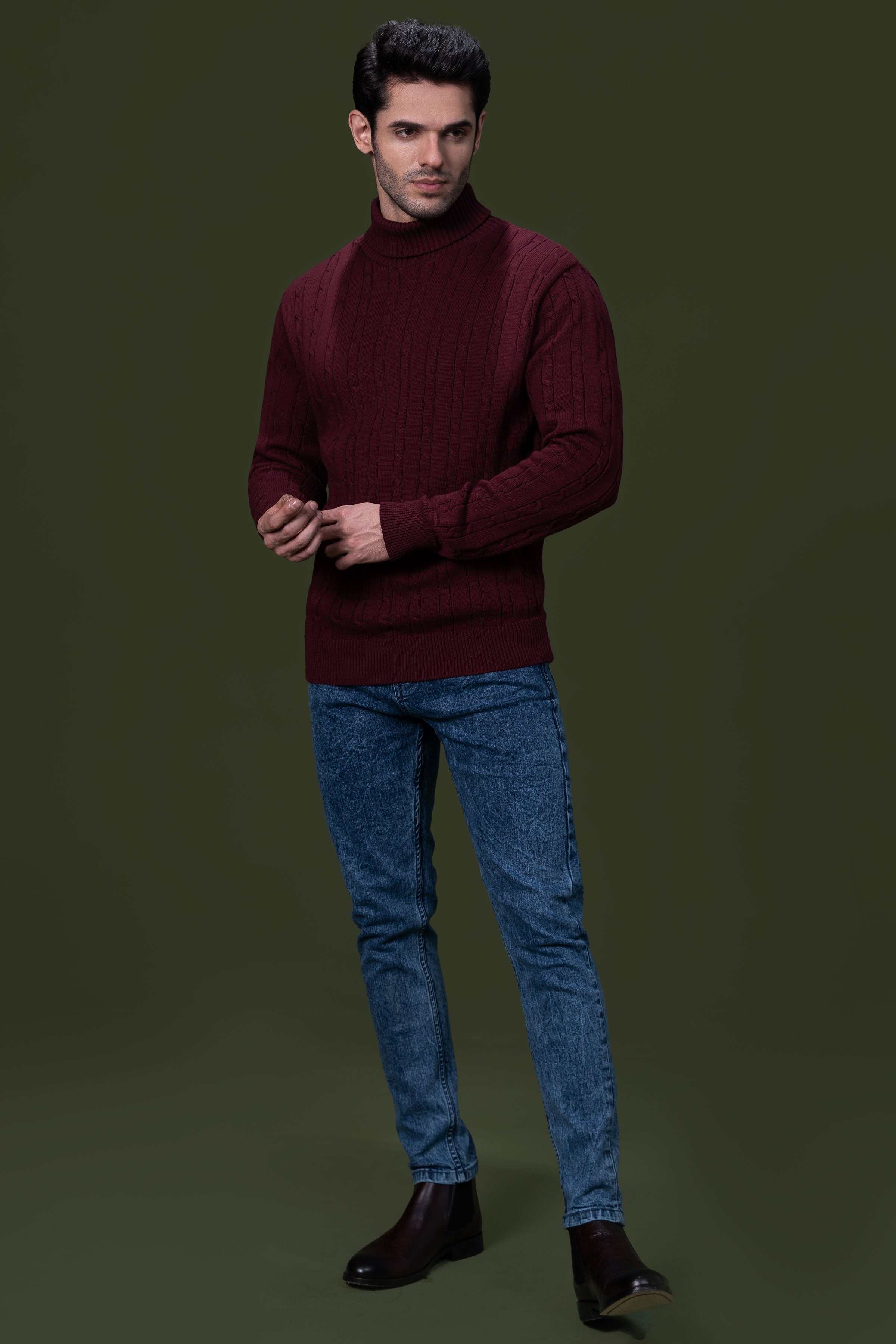 HIGH NECK CABLE SWEATER MAROON at Charcoal Clothing