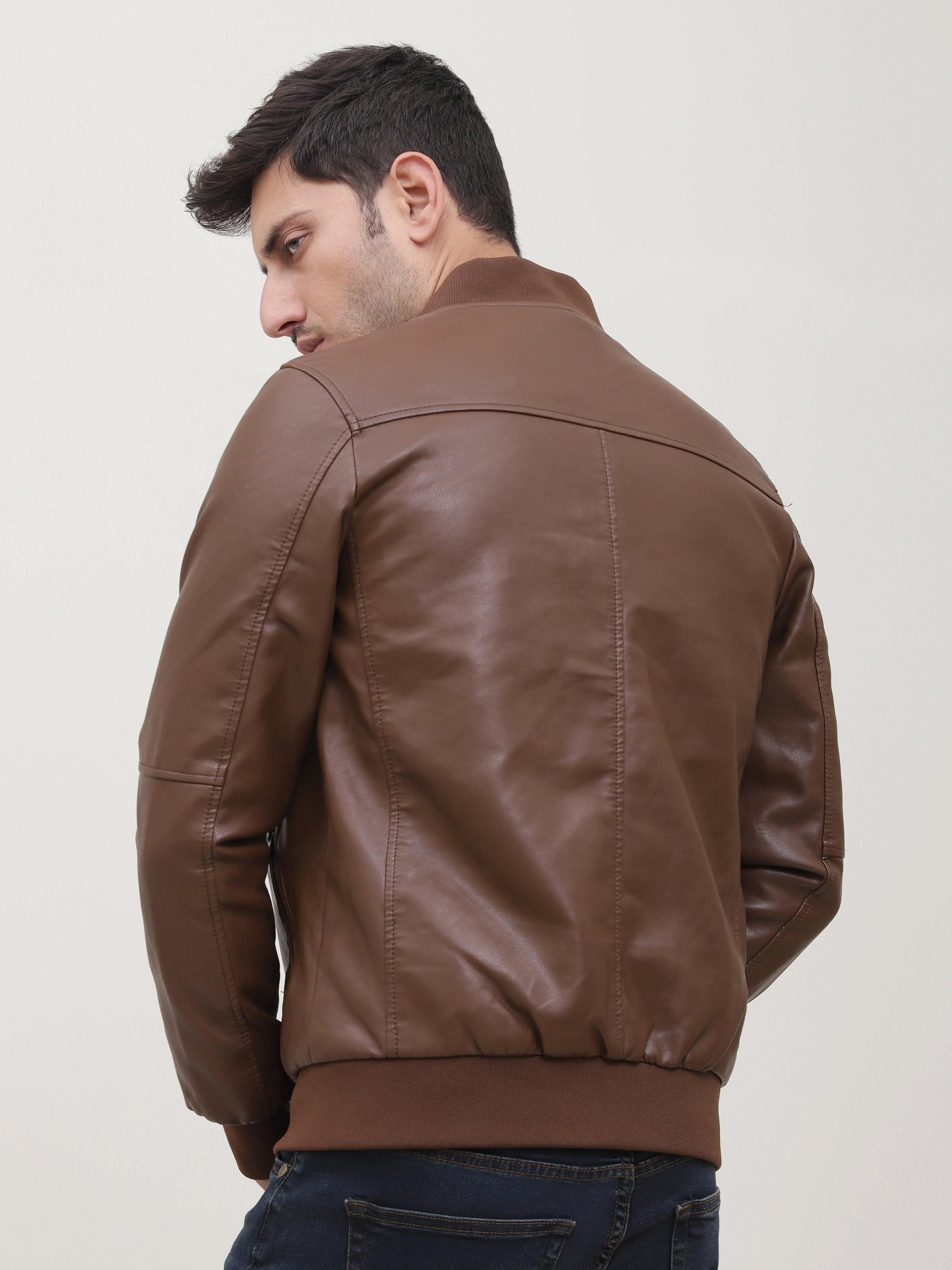 JACKET FULL SLEEVE PU LEATHER BROWN at Charcoal Clothing