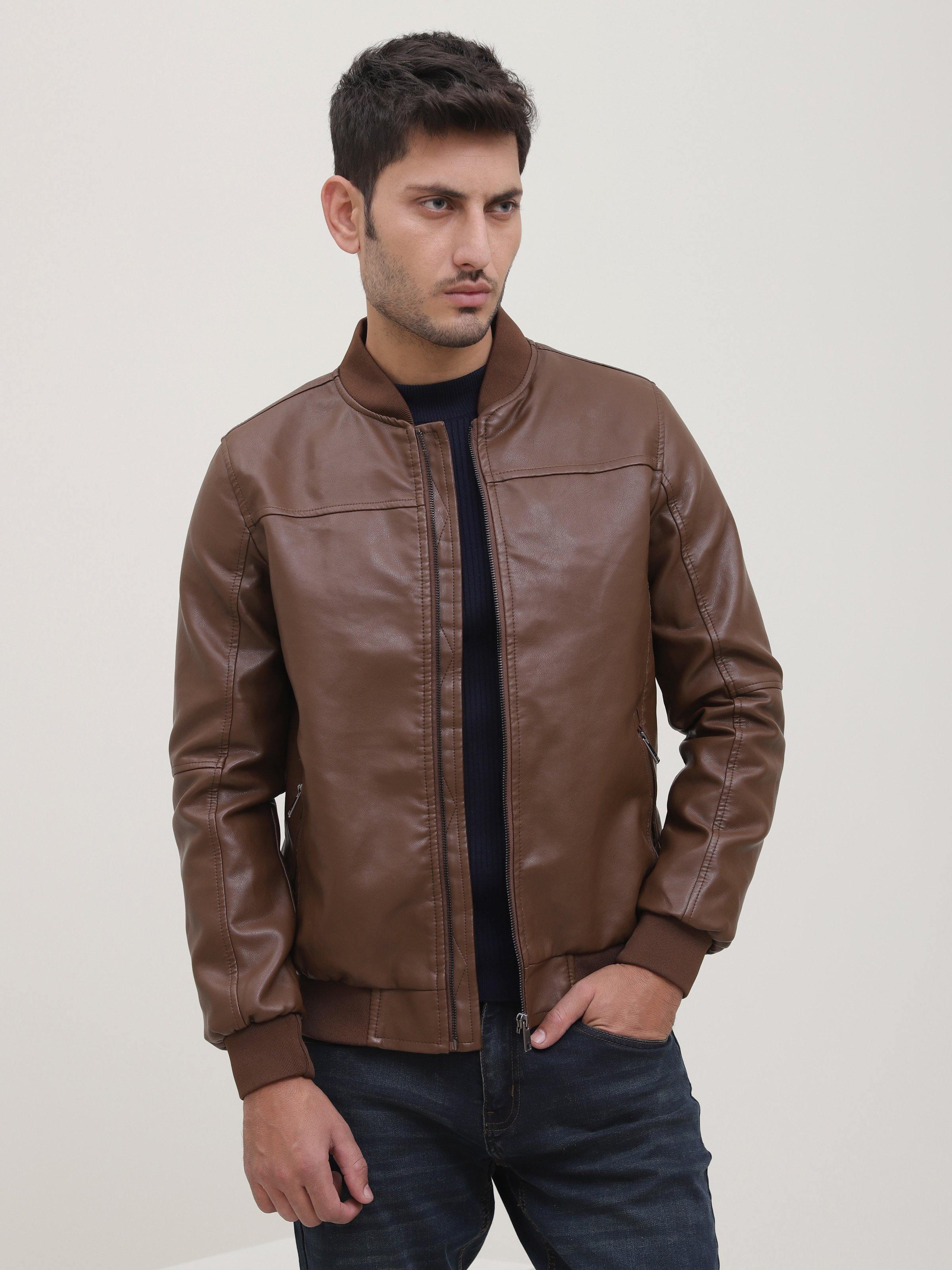 JACKET FULL SLEEVE PU LEATHER BROWN at Charcoal Clothing