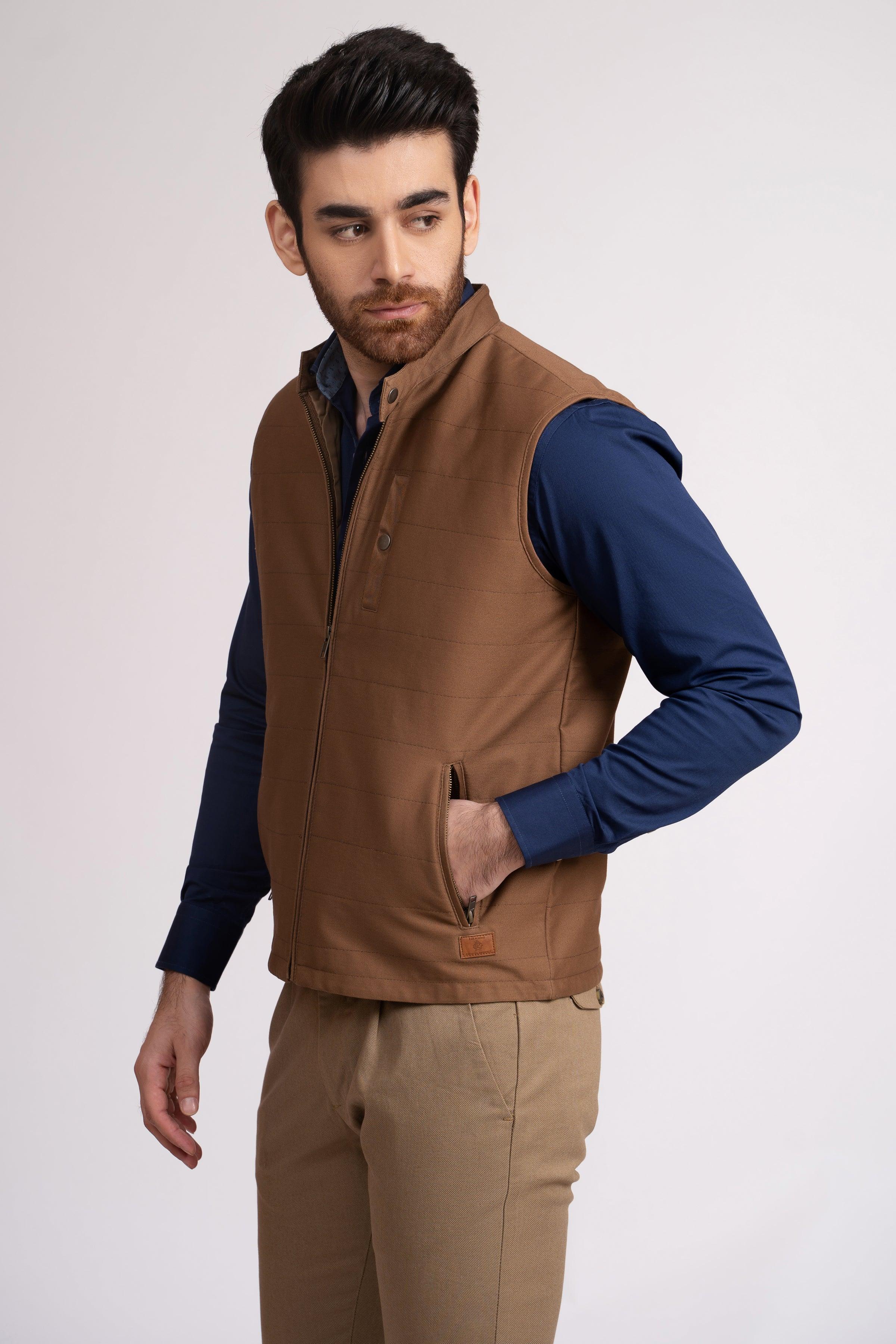 JACKET QUILTED SLEEVE LESS CAMEL at Charcoal Clothing