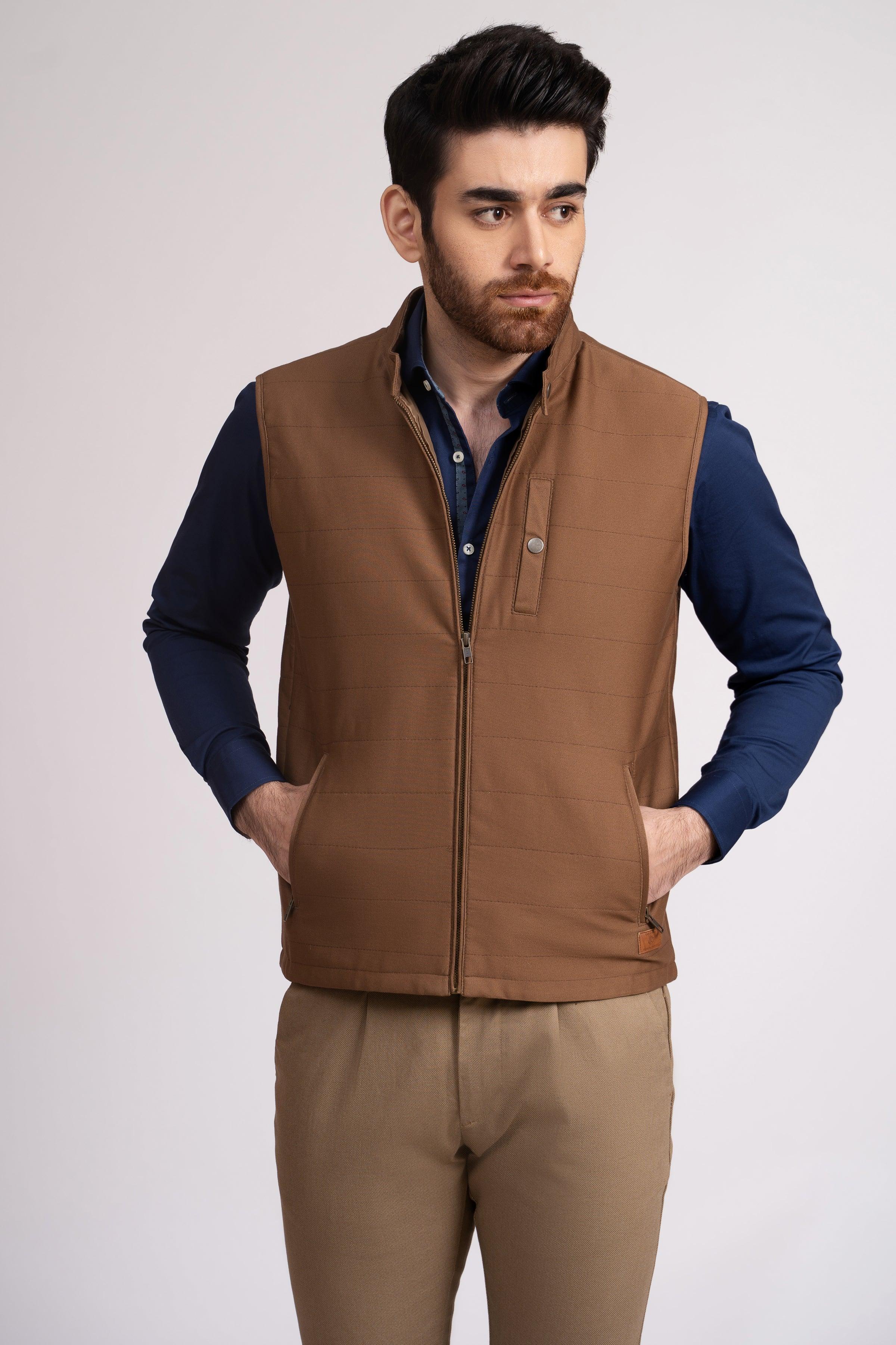 JACKET QUILTED SLEEVE LESS CAMEL at Charcoal Clothing