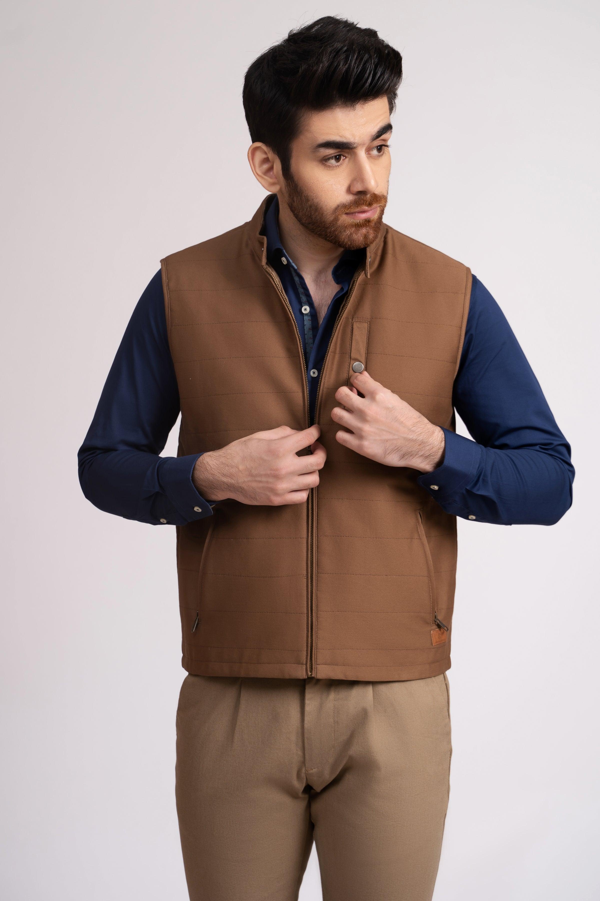 JACKET QUILTED SLEEVE LESS CAMEL at Charcoal Clothing