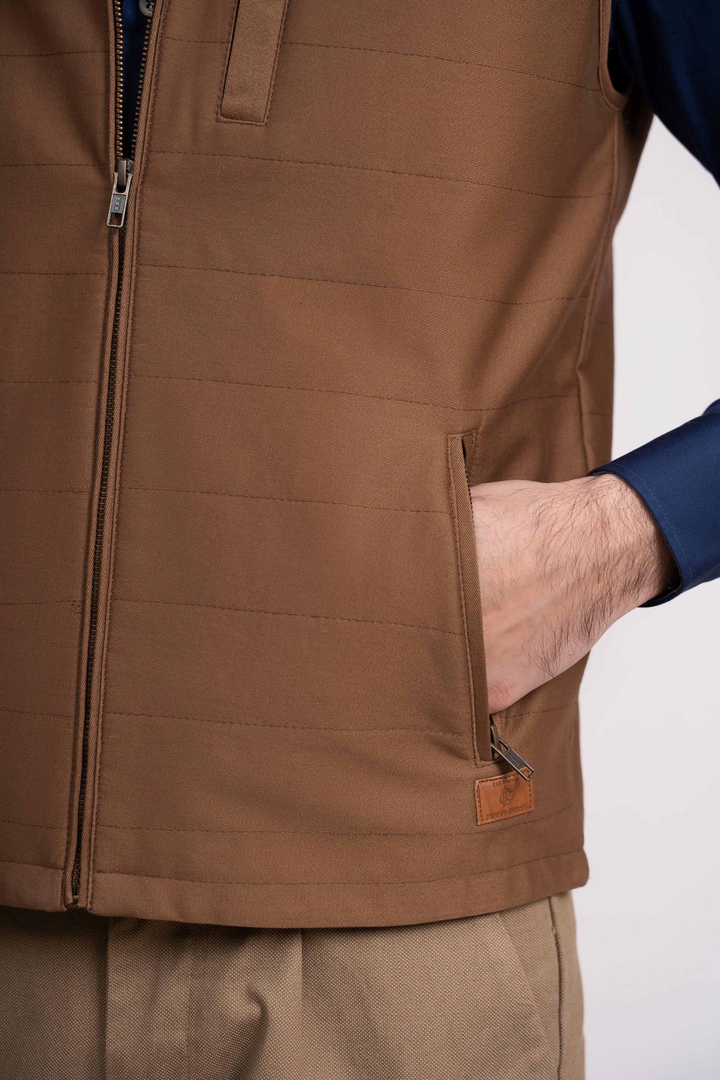 JACKET QUILTED SLEEVE LESS CAMEL at Charcoal Clothing