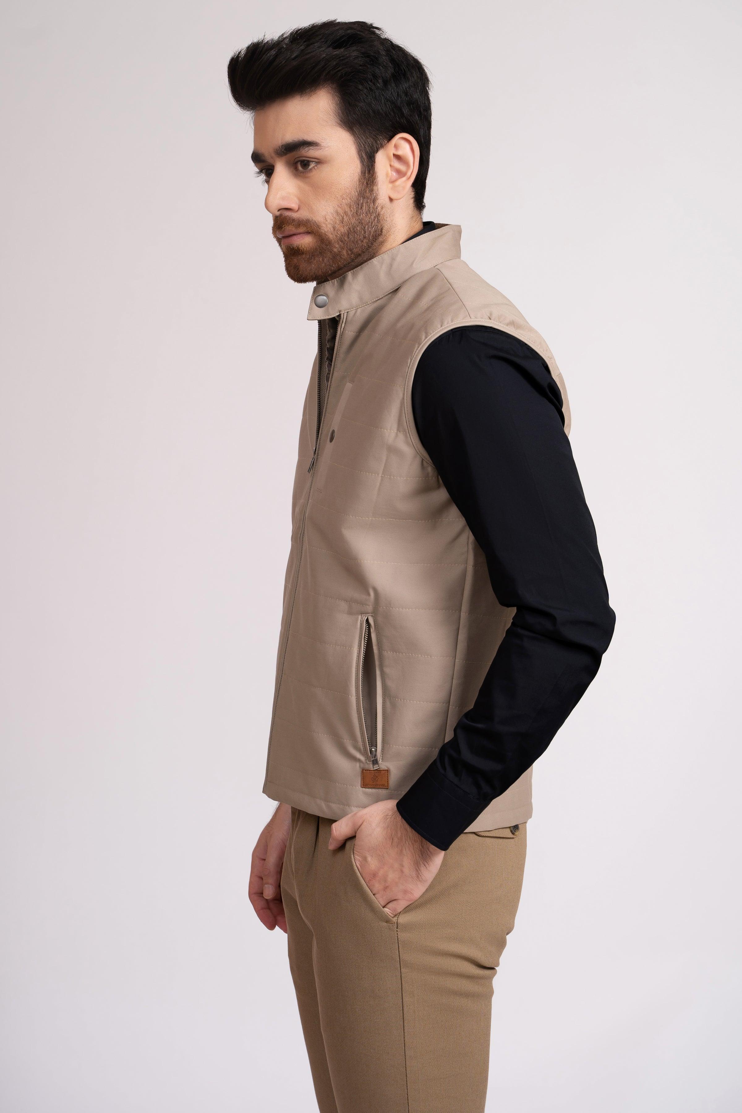 JACKET QUILTED SLEEVE LESS LIGHT KHAKI at Charcoal Clothing