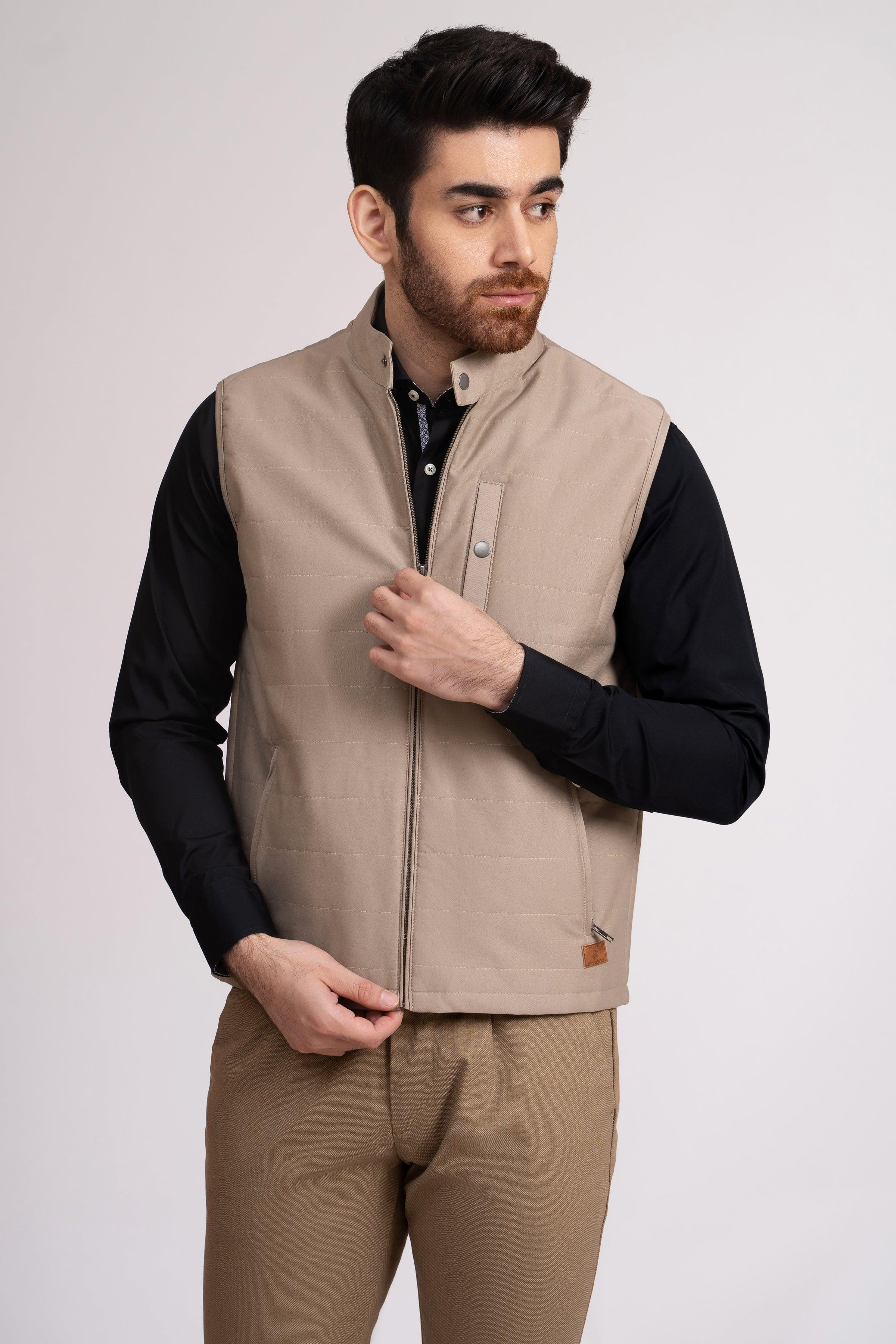 JACKET QUILTED SLEEVE LESS LIGHT KHAKI at Charcoal Clothing