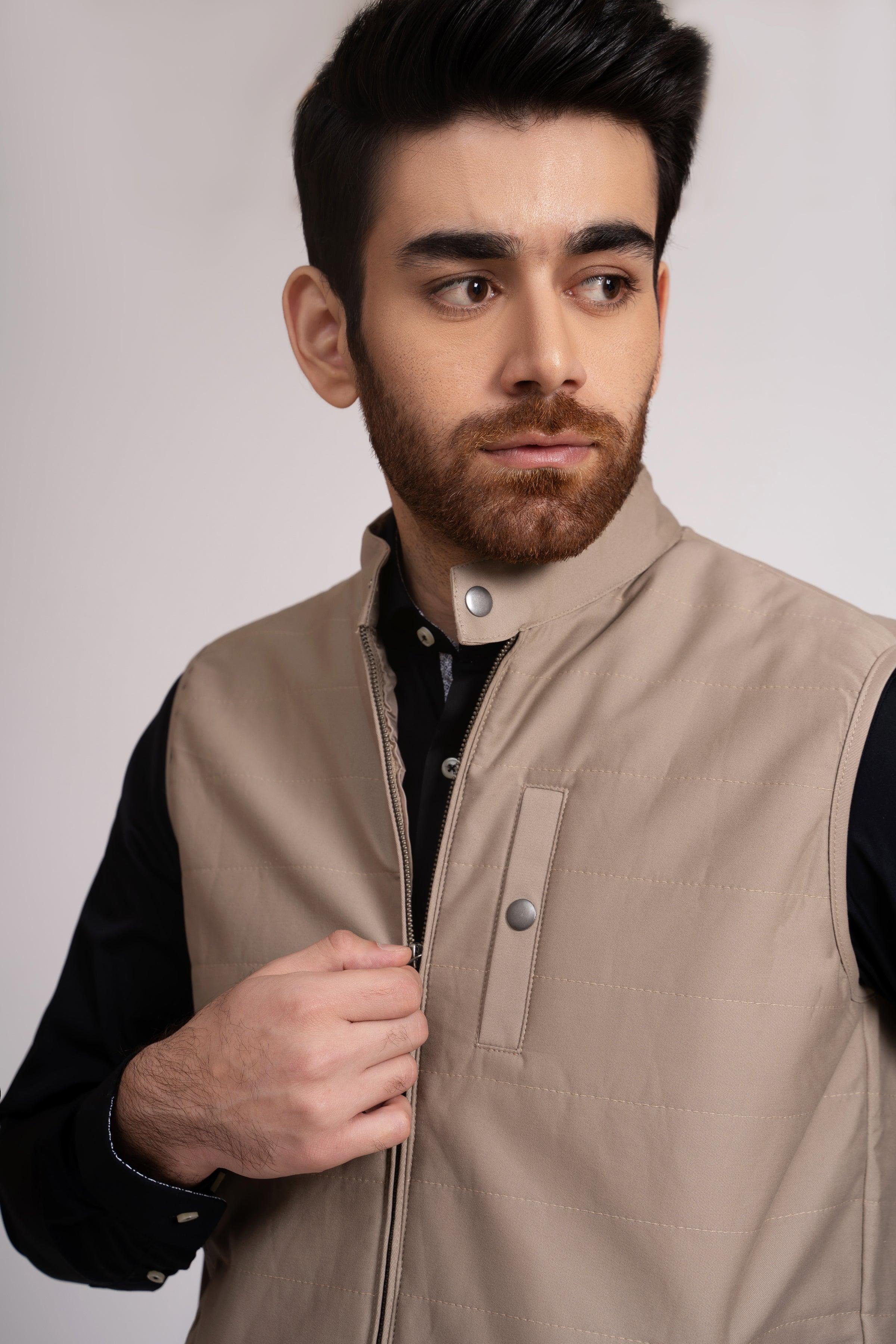 JACKET QUILTED SLEEVE LESS LIGHT KHAKI at Charcoal Clothing