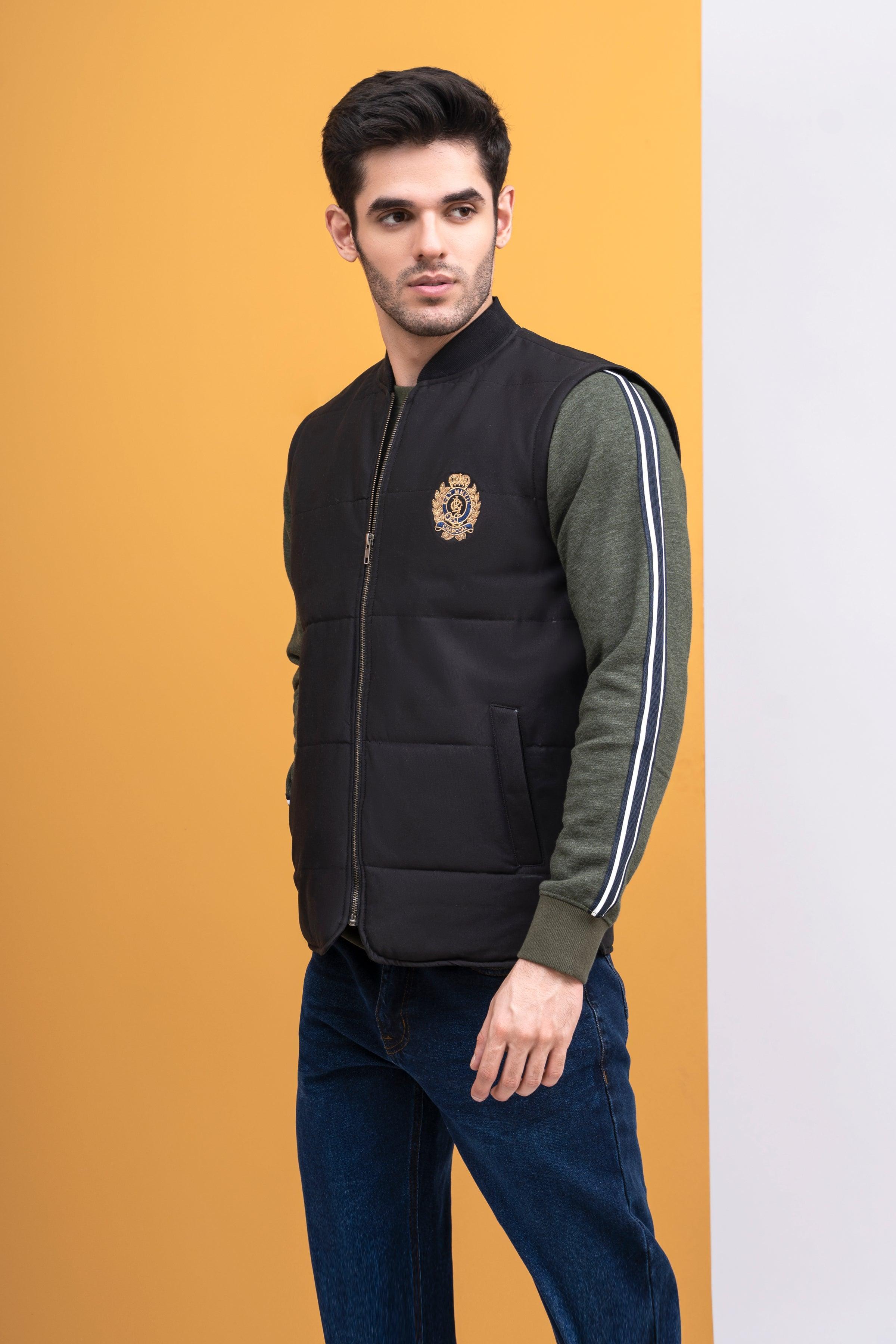 JACKET QUILTED WITH RIB BAN S/L BLACK at Charcoal Clothing