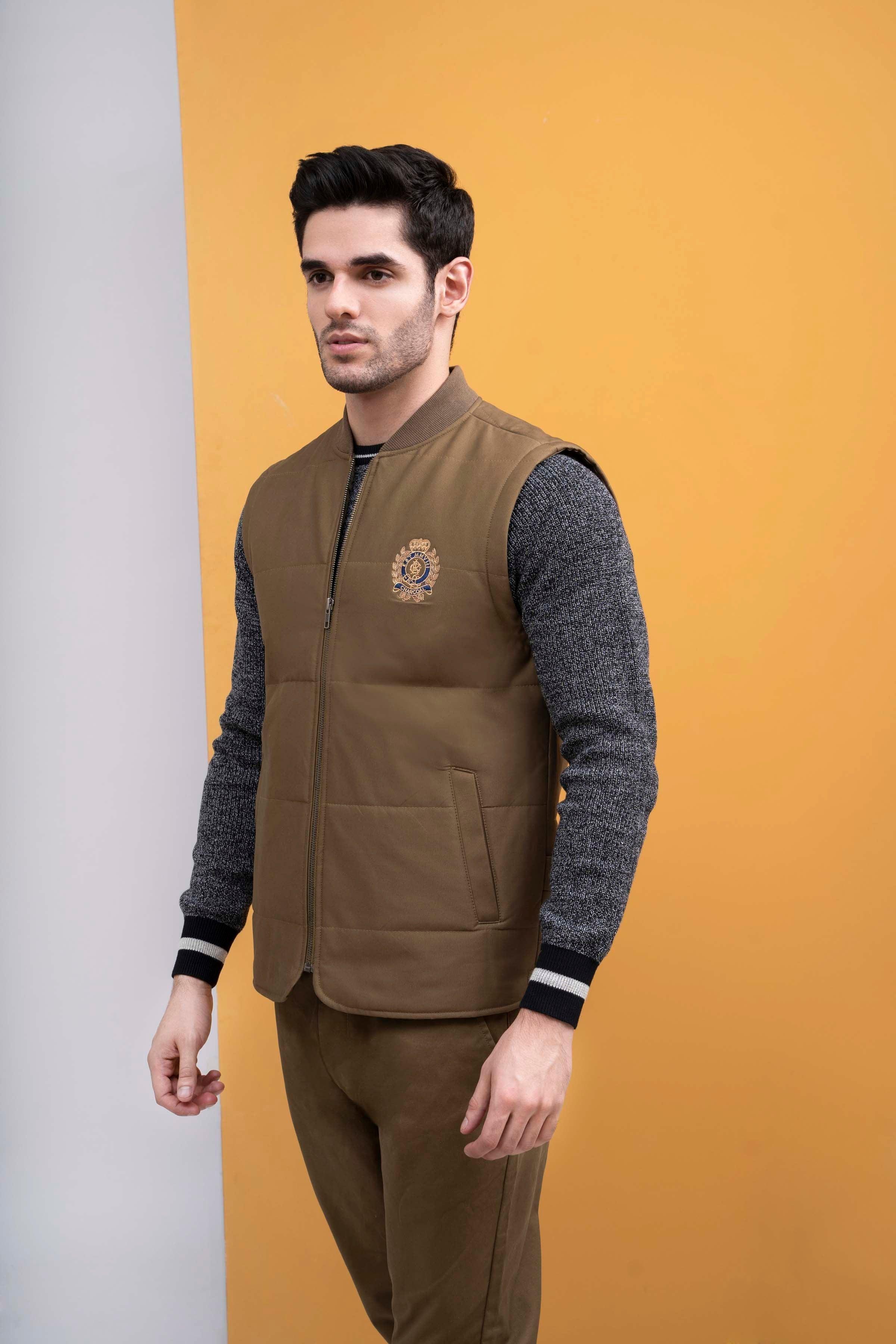 JACKET QUILTED WITH RIB BAN S/L DARK KHAKI at Charcoal Clothing