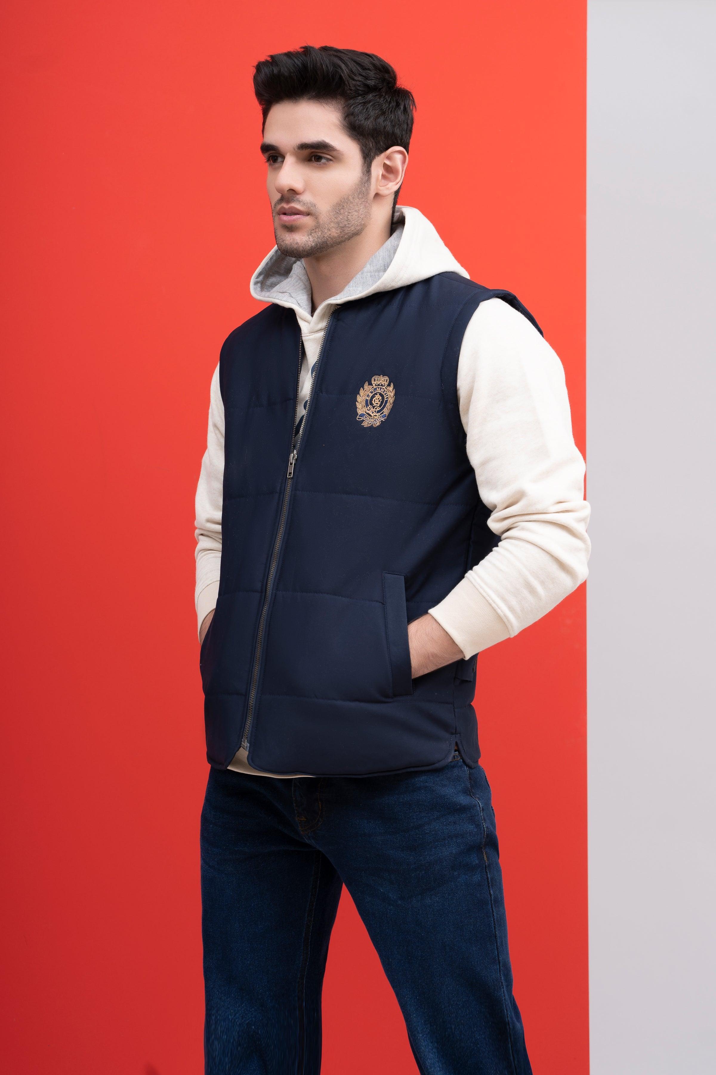 JACKET QUILTED WITH RIB BAN S/L NAVY at Charcoal Clothing