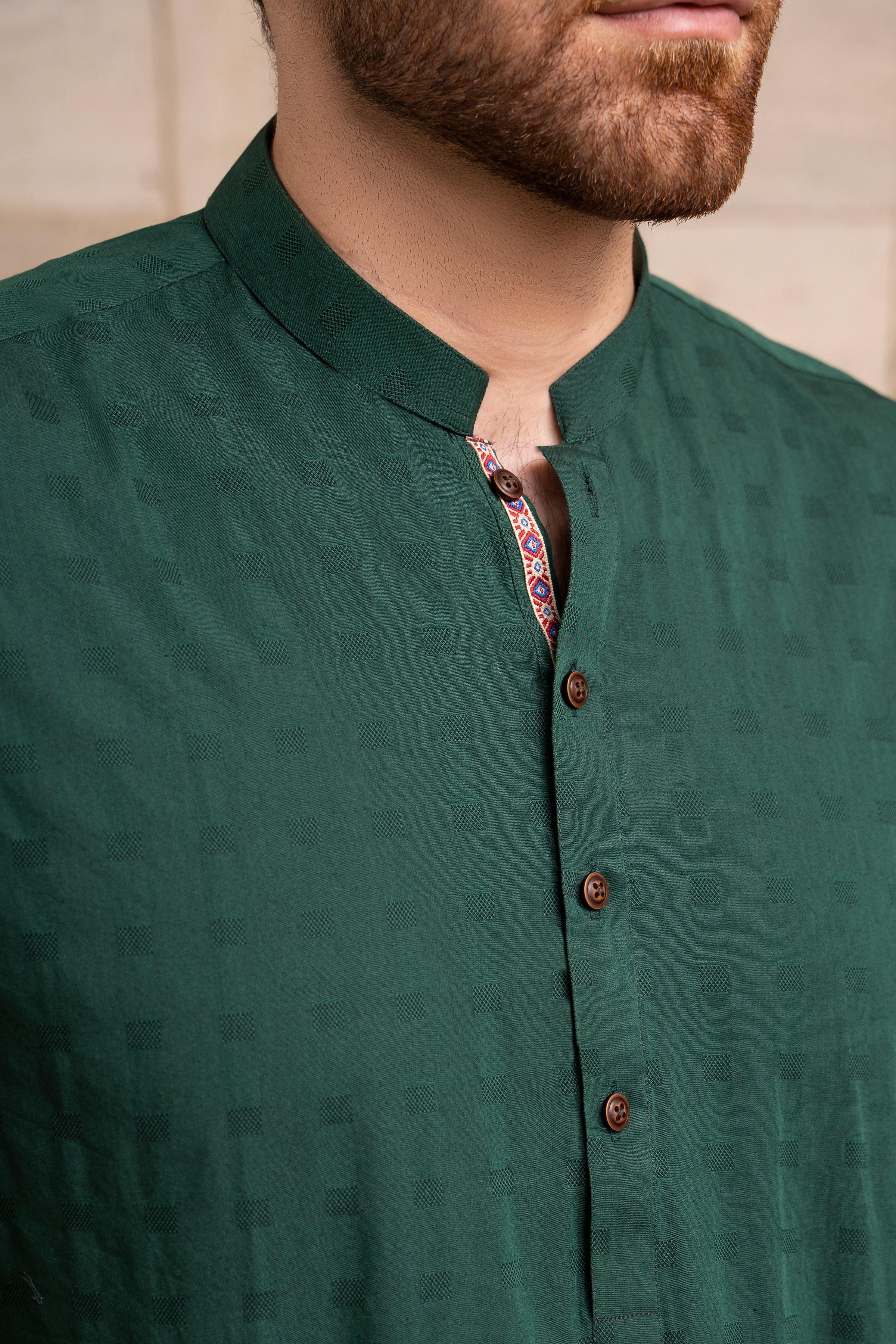 KURTA BAN COLLAR BOTTLE GREEN at Charcoal Clothing