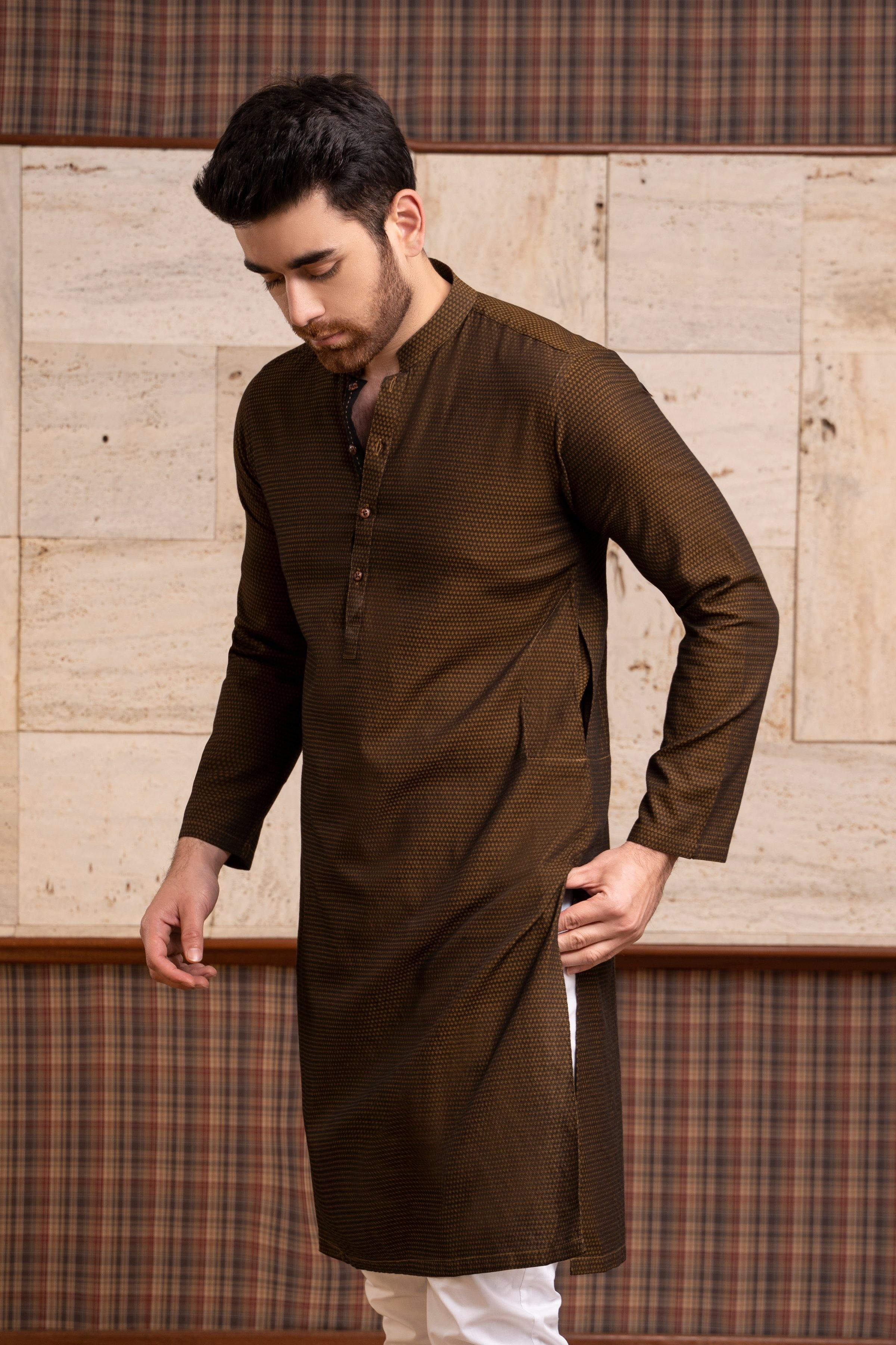 KURTA BAN COLLAR KHAKI BLACK at Charcoal Clothing