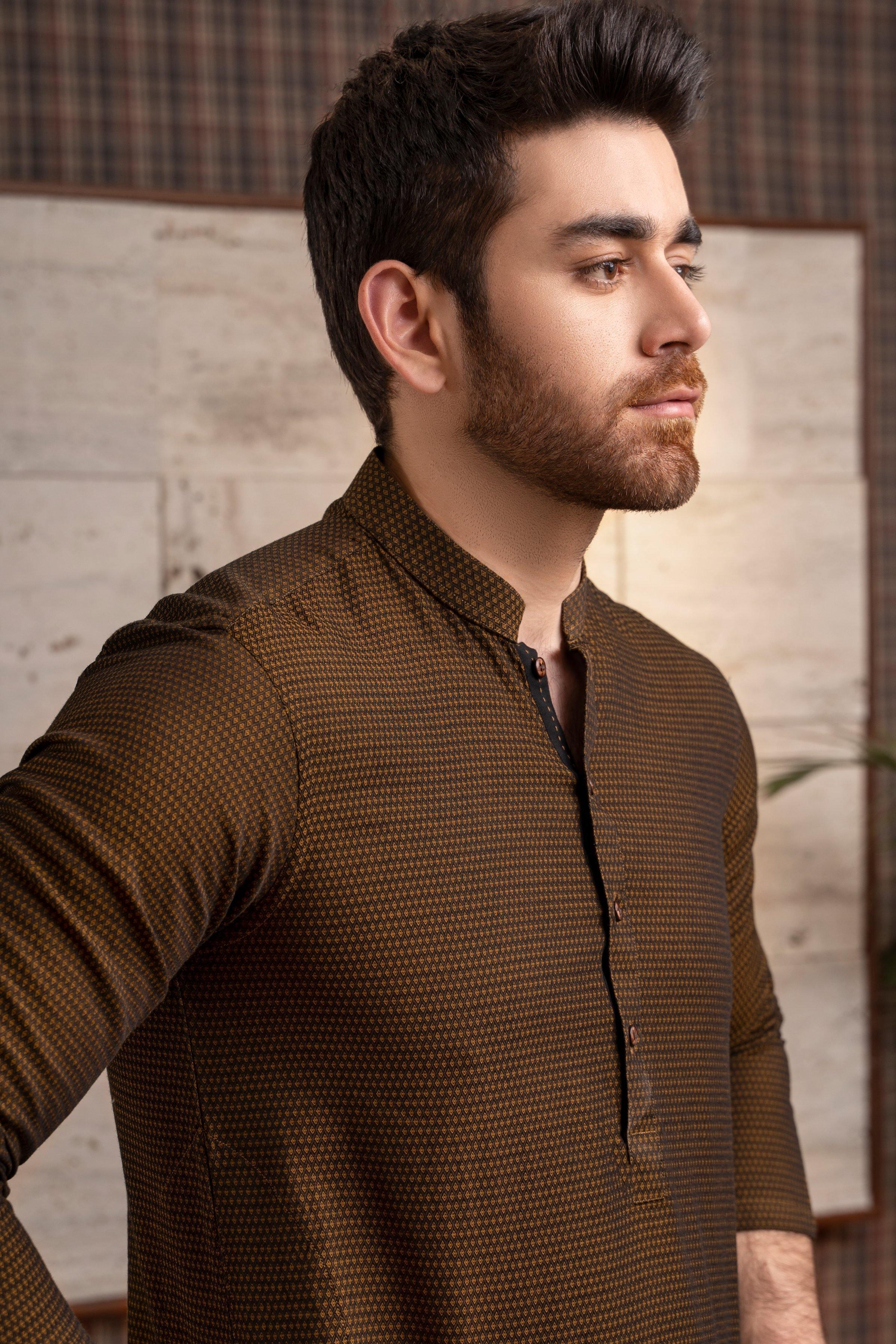 KURTA BAN COLLAR KHAKI BLACK at Charcoal Clothing