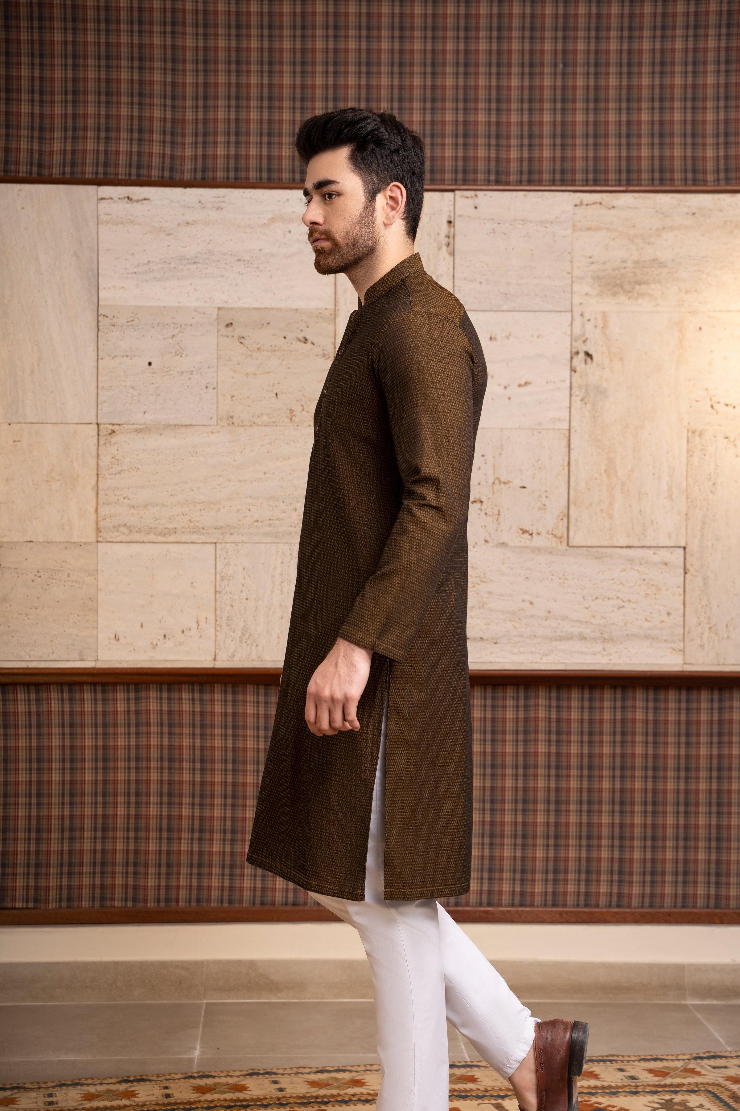 KURTA BAN COLLAR KHAKI BLACK at Charcoal Clothing