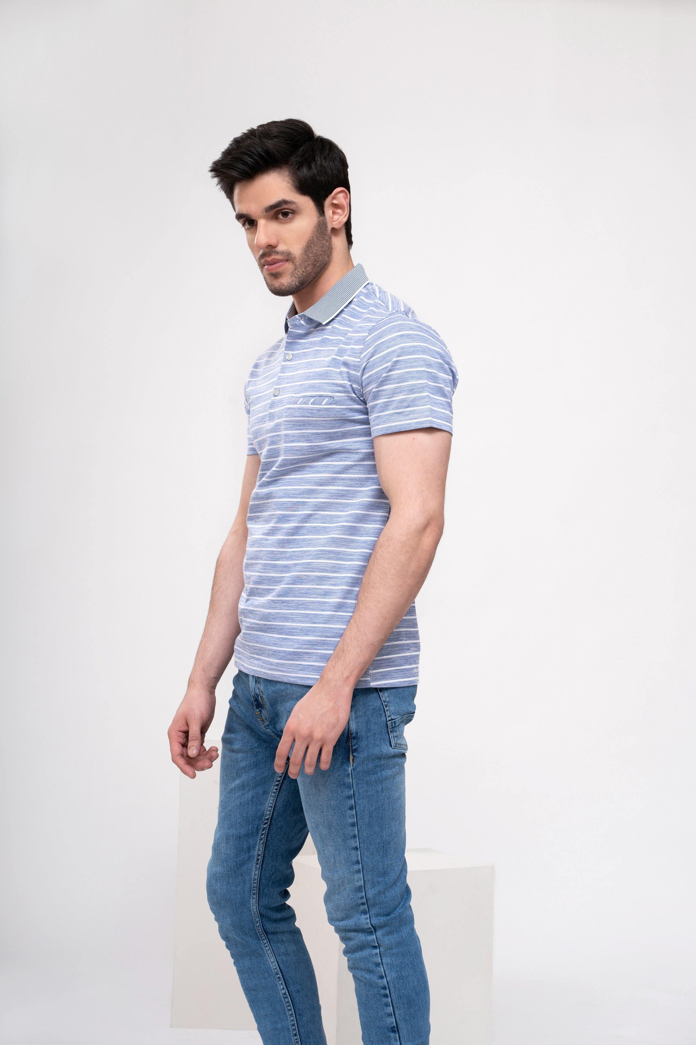 POLO SHIRT BLUE WHITE LINE at Charcoal Clothing