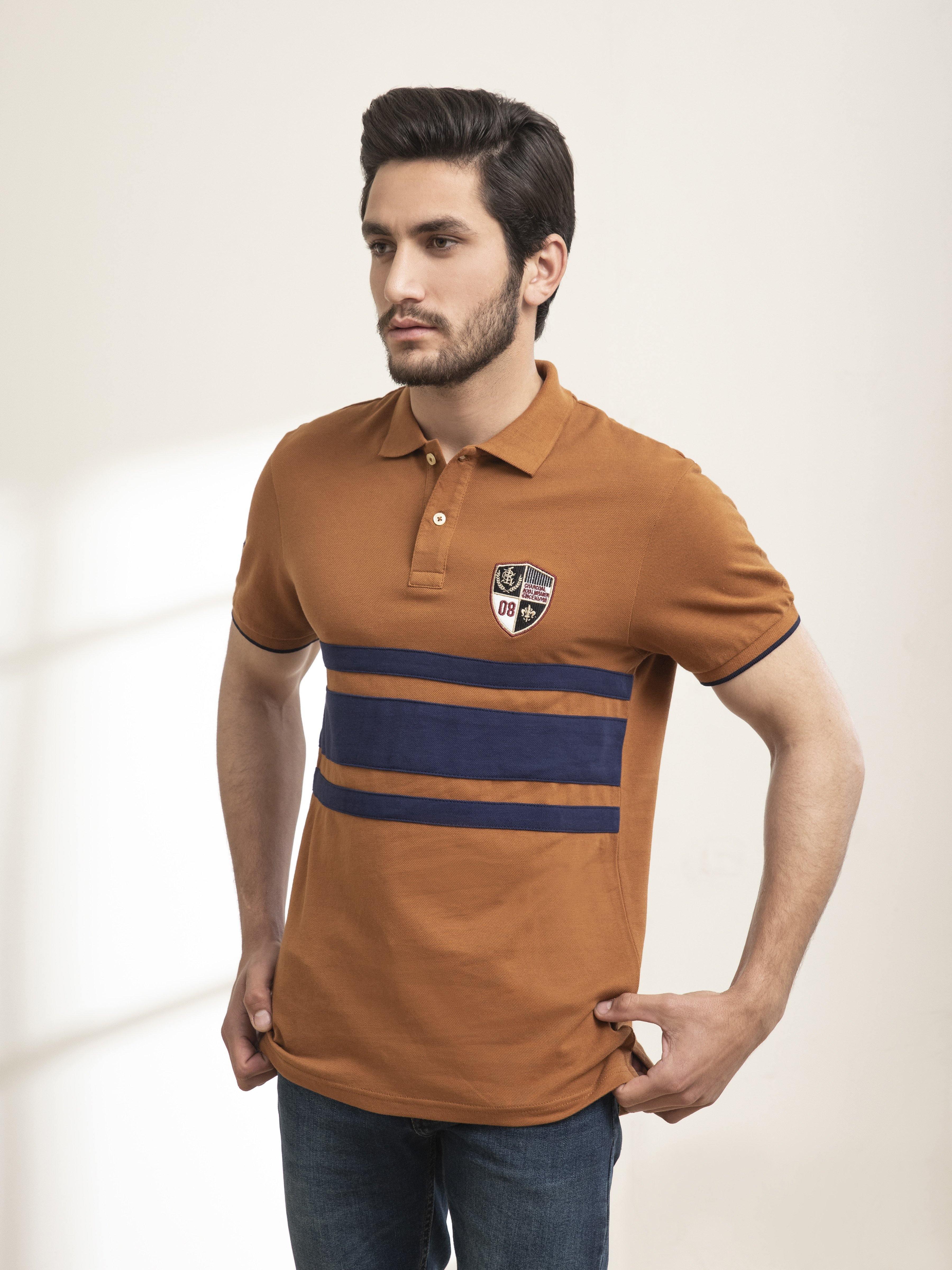 POLO SHIRT CHEST PANNEL CAMEL at Charcoal Clothing