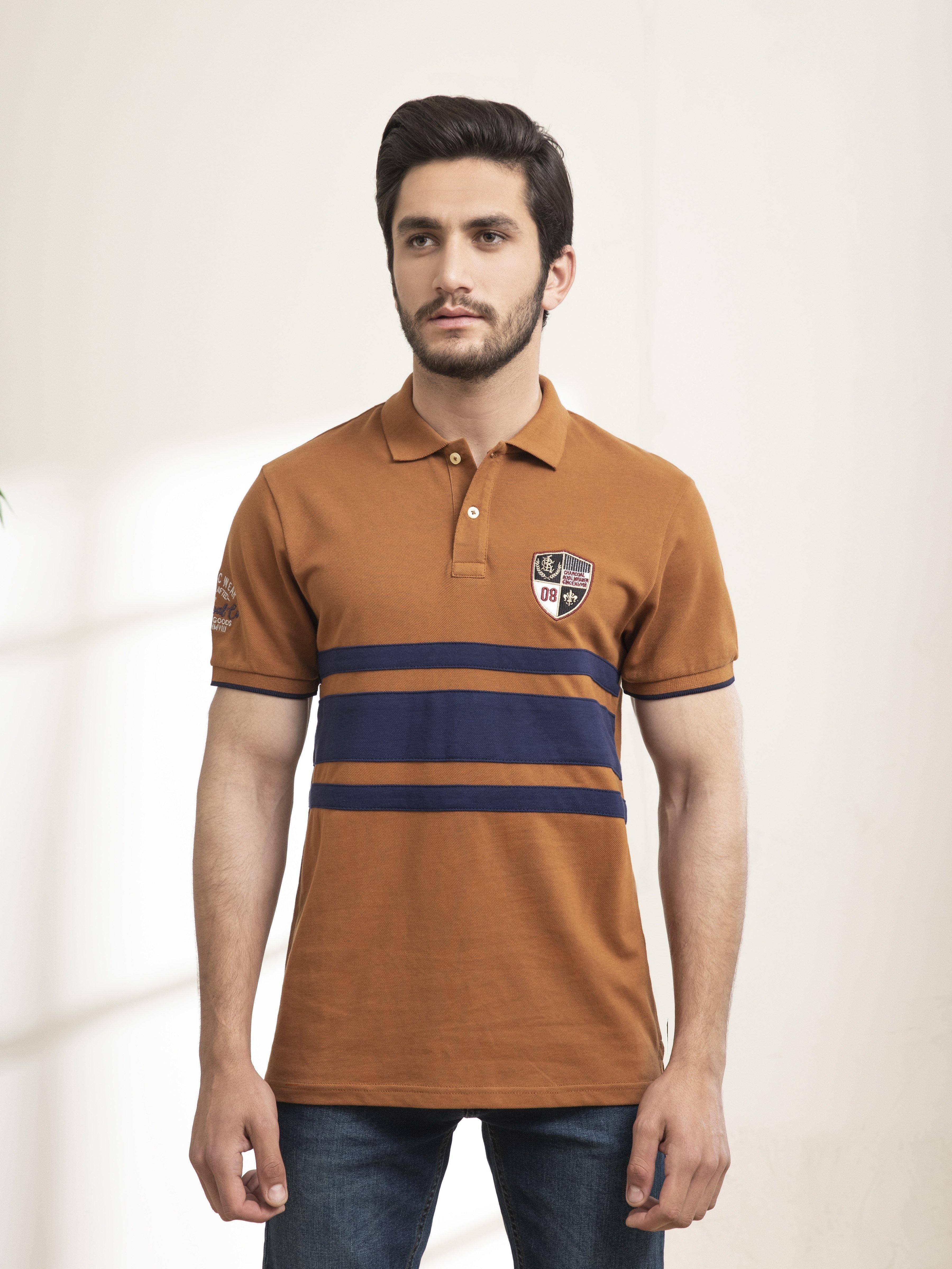 POLO SHIRT CHEST PANNEL CAMEL at Charcoal Clothing