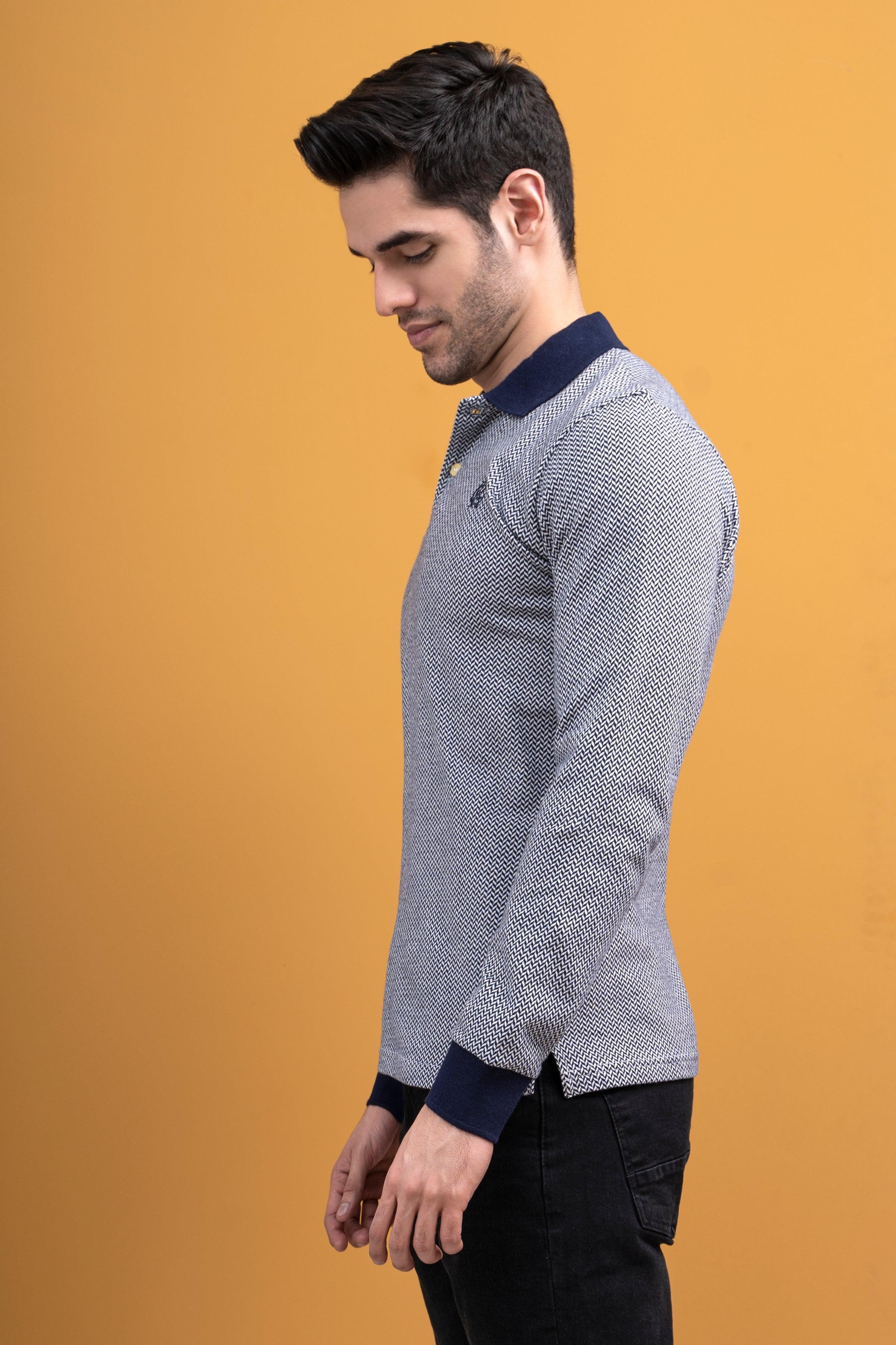 POLO SHIRT CONTRAST COLLAR RIB F/S NAVY at Charcoal Clothing