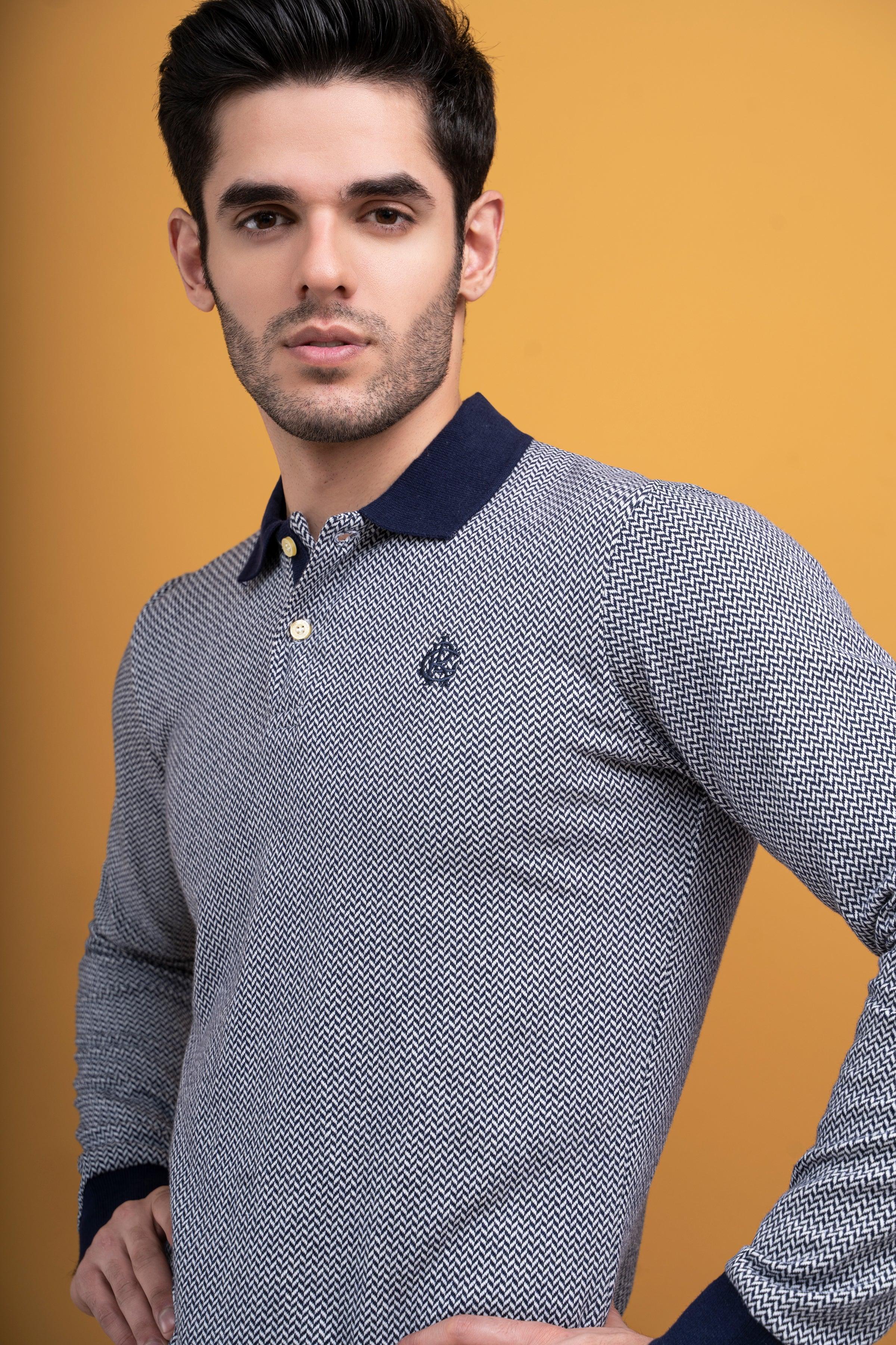 POLO SHIRT CONTRAST COLLAR RIB F/S NAVY at Charcoal Clothing