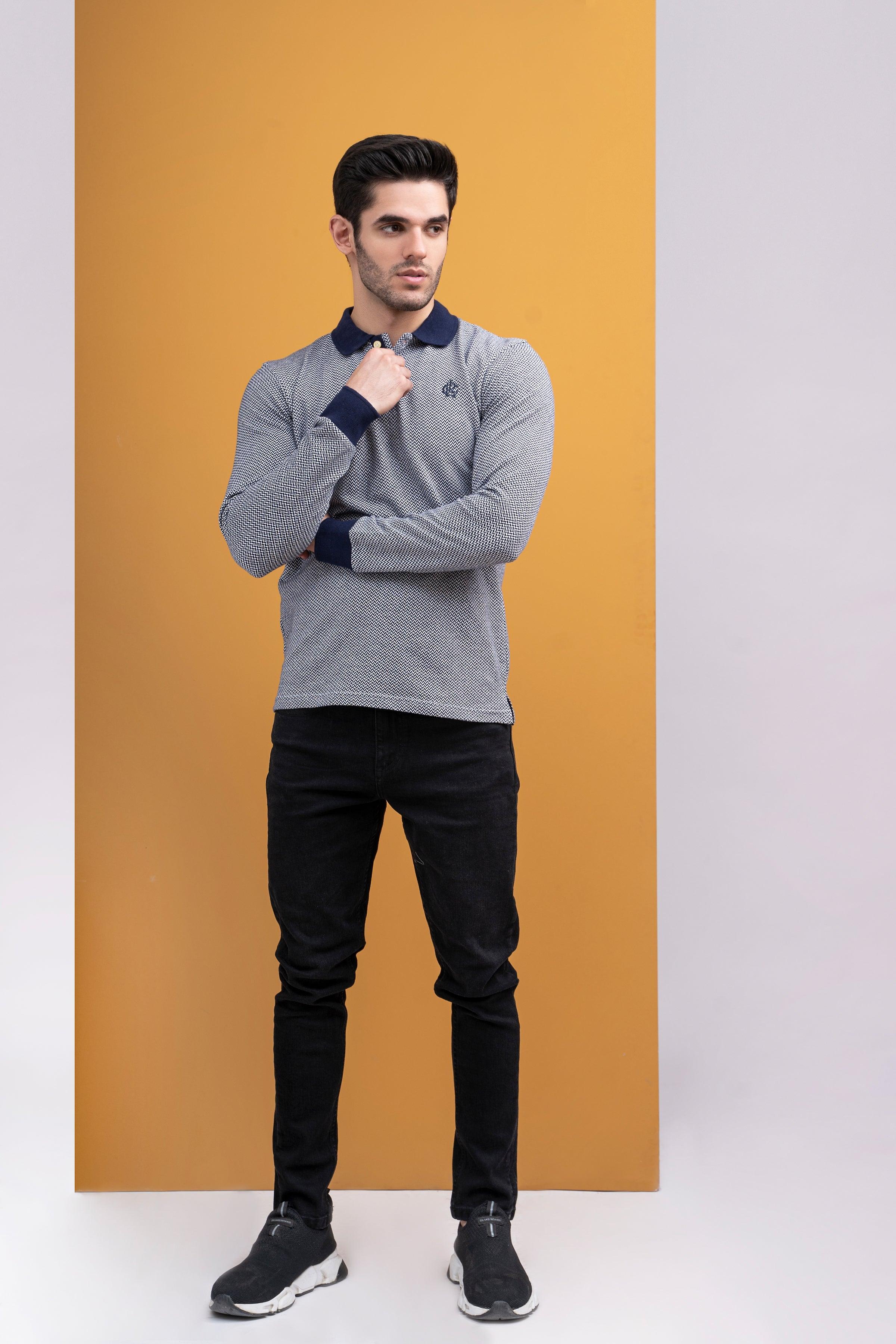 POLO SHIRT CONTRAST COLLAR RIB F/S NAVY at Charcoal Clothing