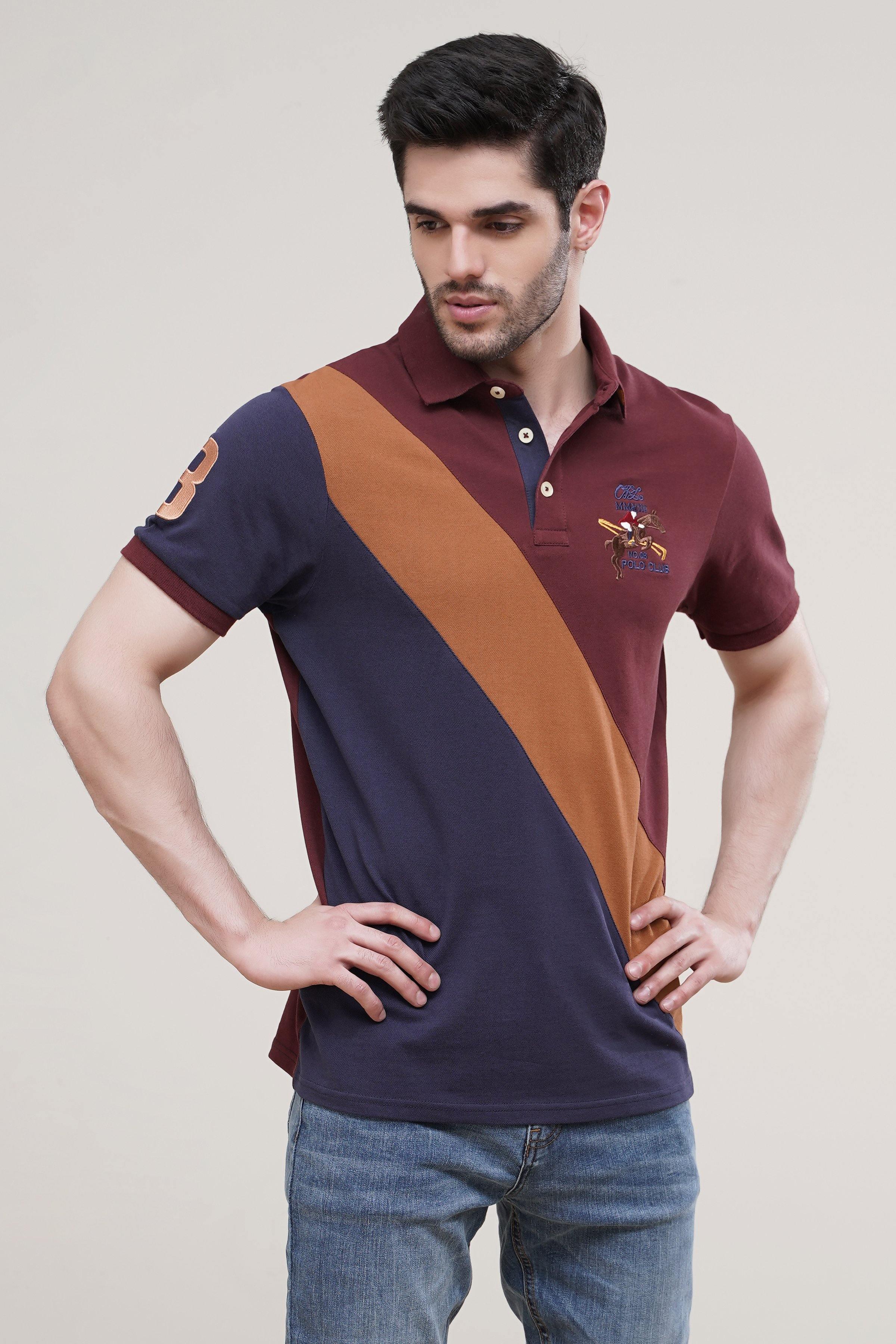 POLO SHIRT CROSS PANNEL MAROON at Charcoal Clothing
