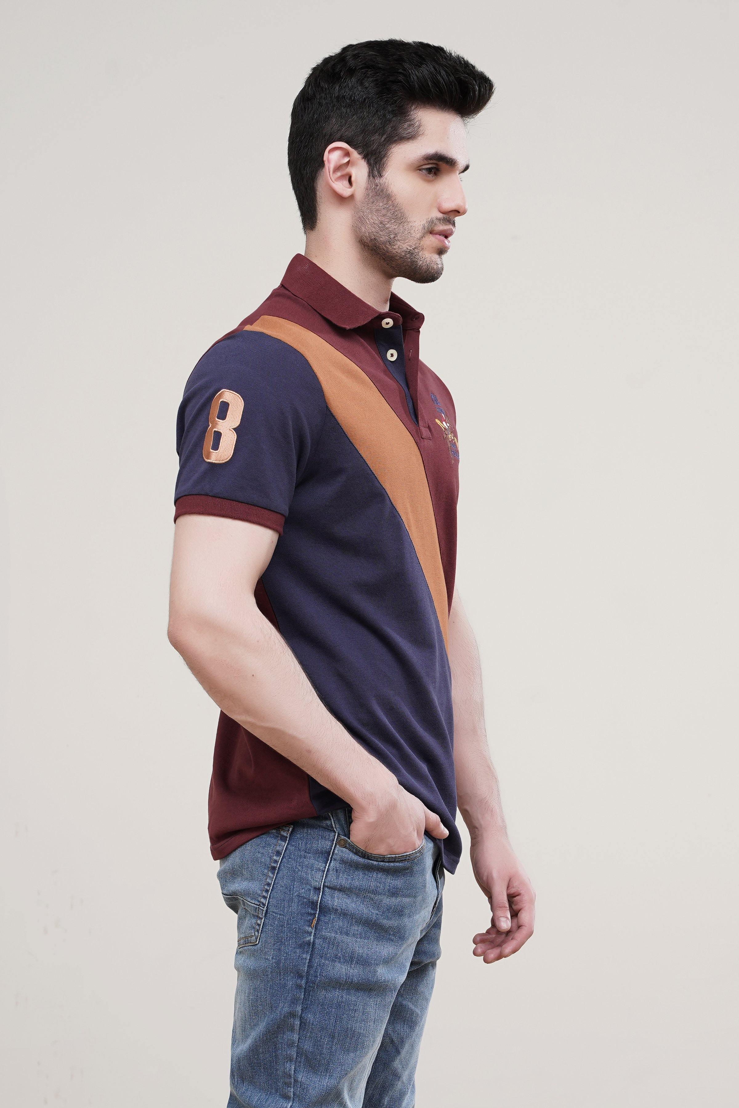 POLO SHIRT CROSS PANNEL MAROON at Charcoal Clothing