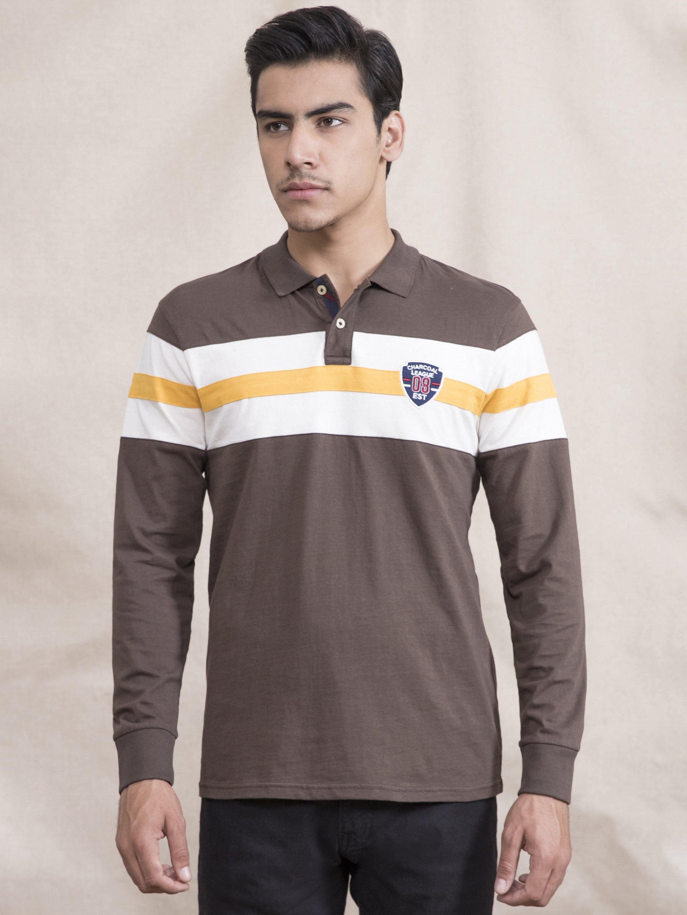 POLO SHIRT JERSEY FRONT PANNEL FULL SLEEVE BROWN at Charcoal Clothing