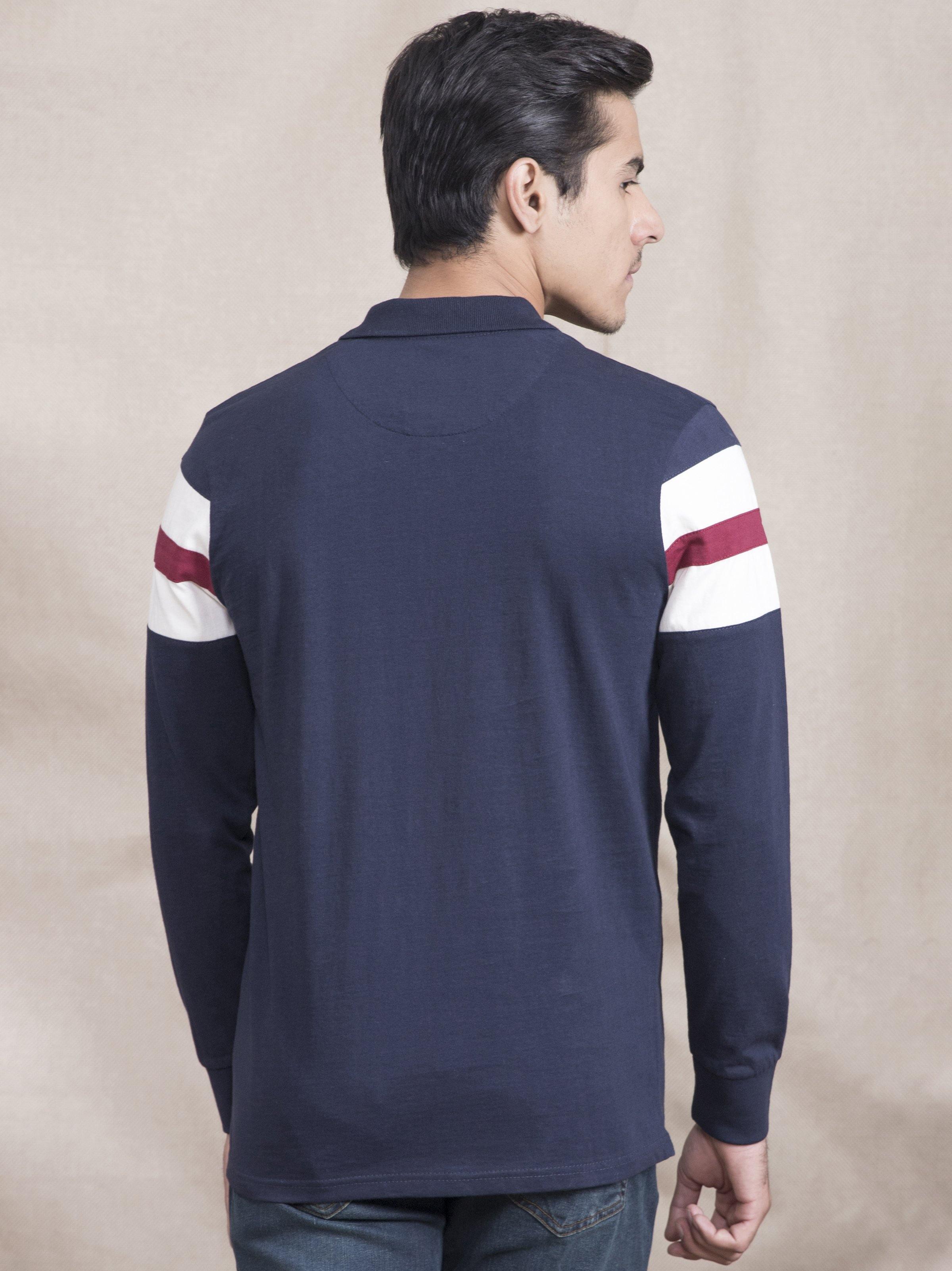 POLO SHIRT JERSEY FRONT PANNEL FULL SLEEVE NAVY at Charcoal Clothing