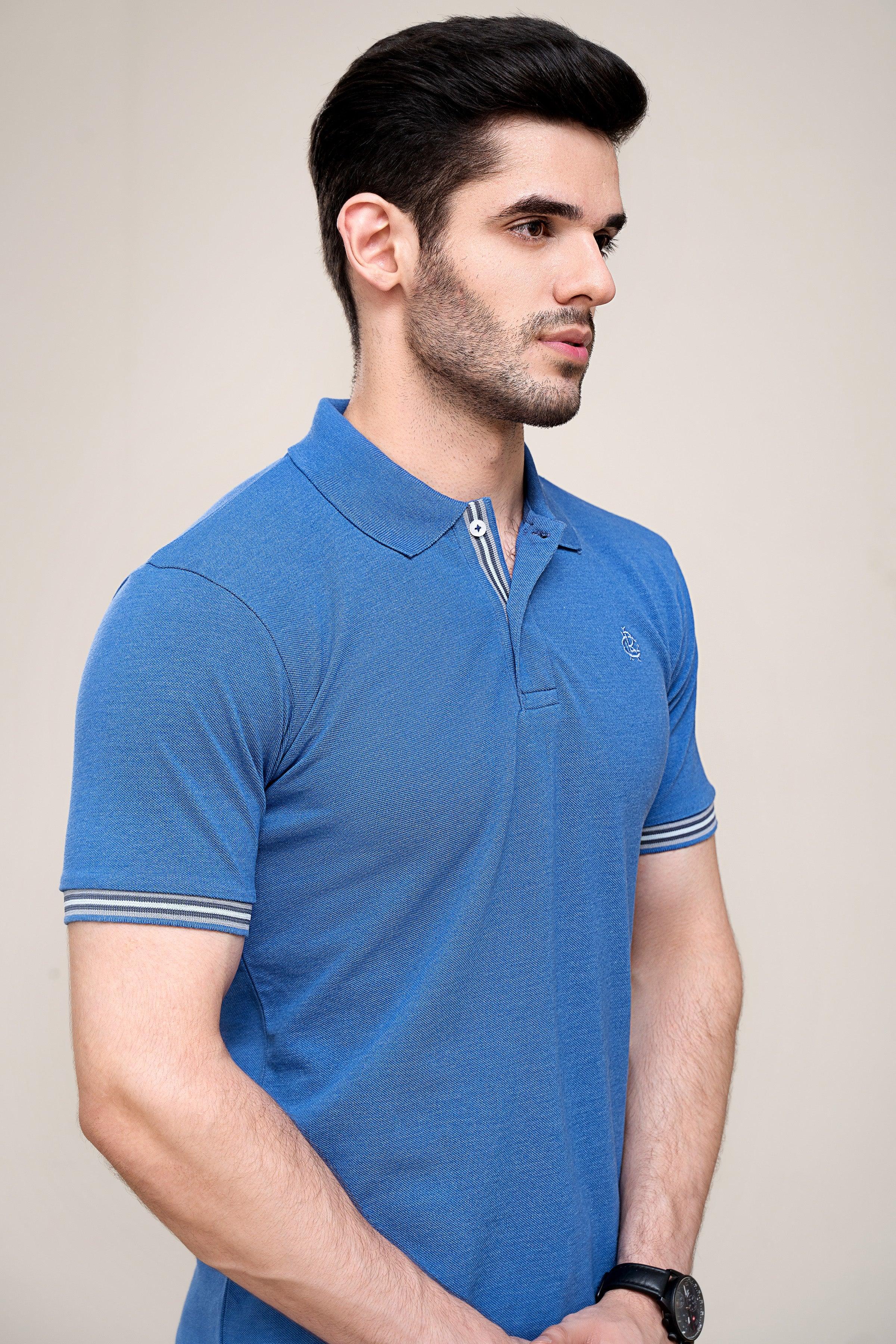 POLO SHIRT PIQUE MELANGE BLUE at Charcoal Clothing