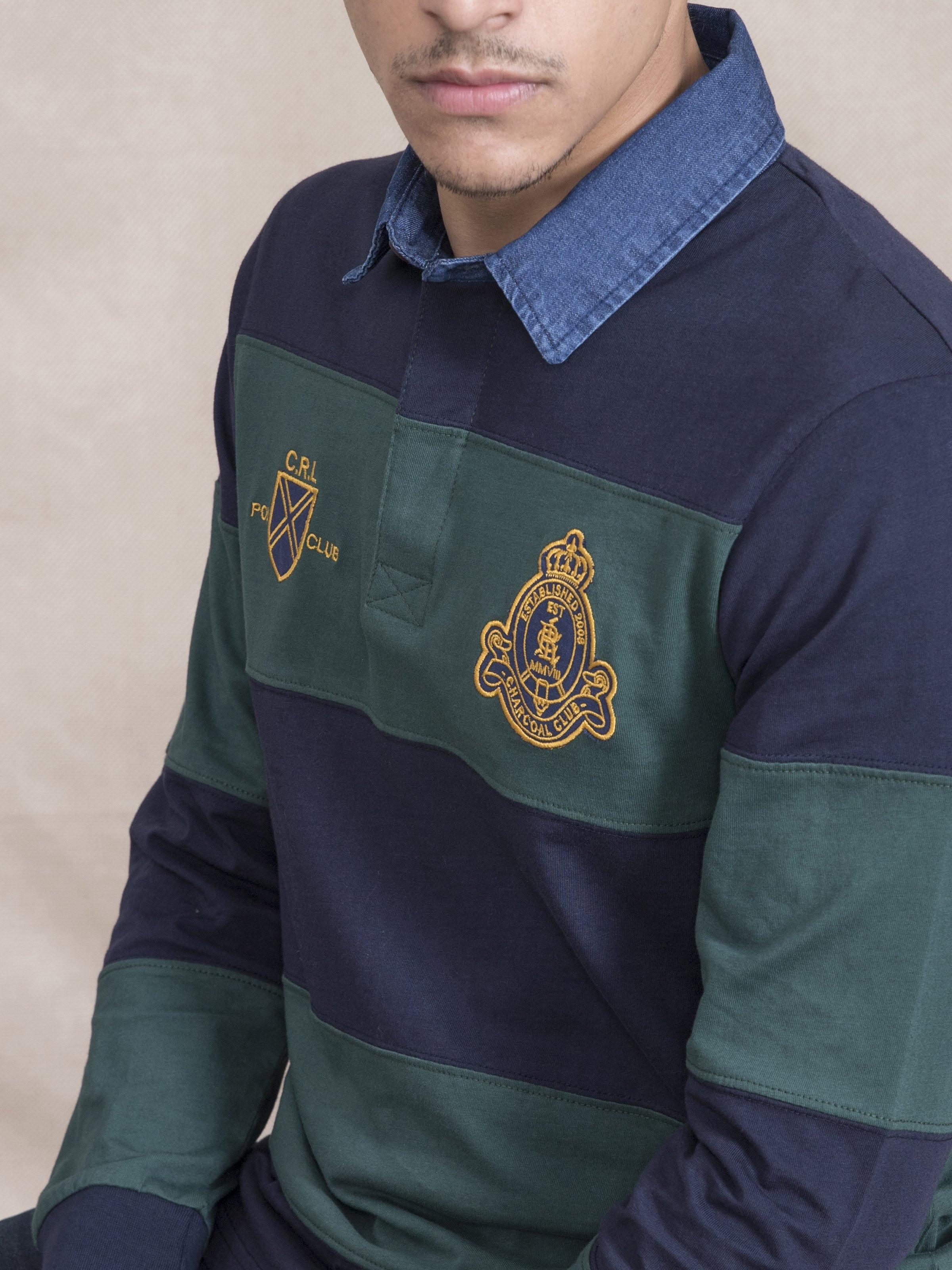 POLO SHIRT RUGBBY DENIM COLLAR GREEN NAVY at Charcoal Clothing