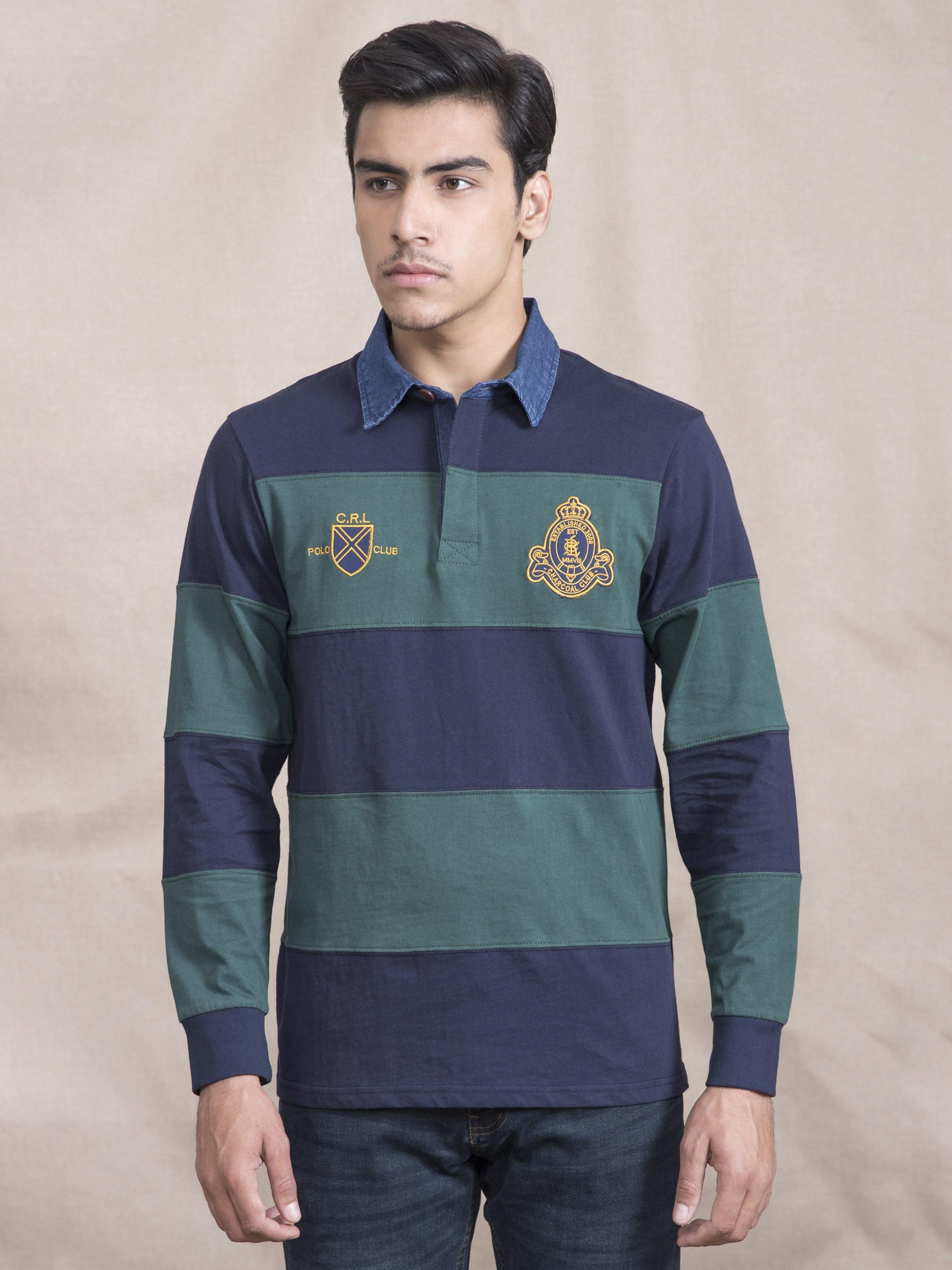 POLO SHIRT RUGBBY DENIM COLLAR GREEN NAVY at Charcoal Clothing