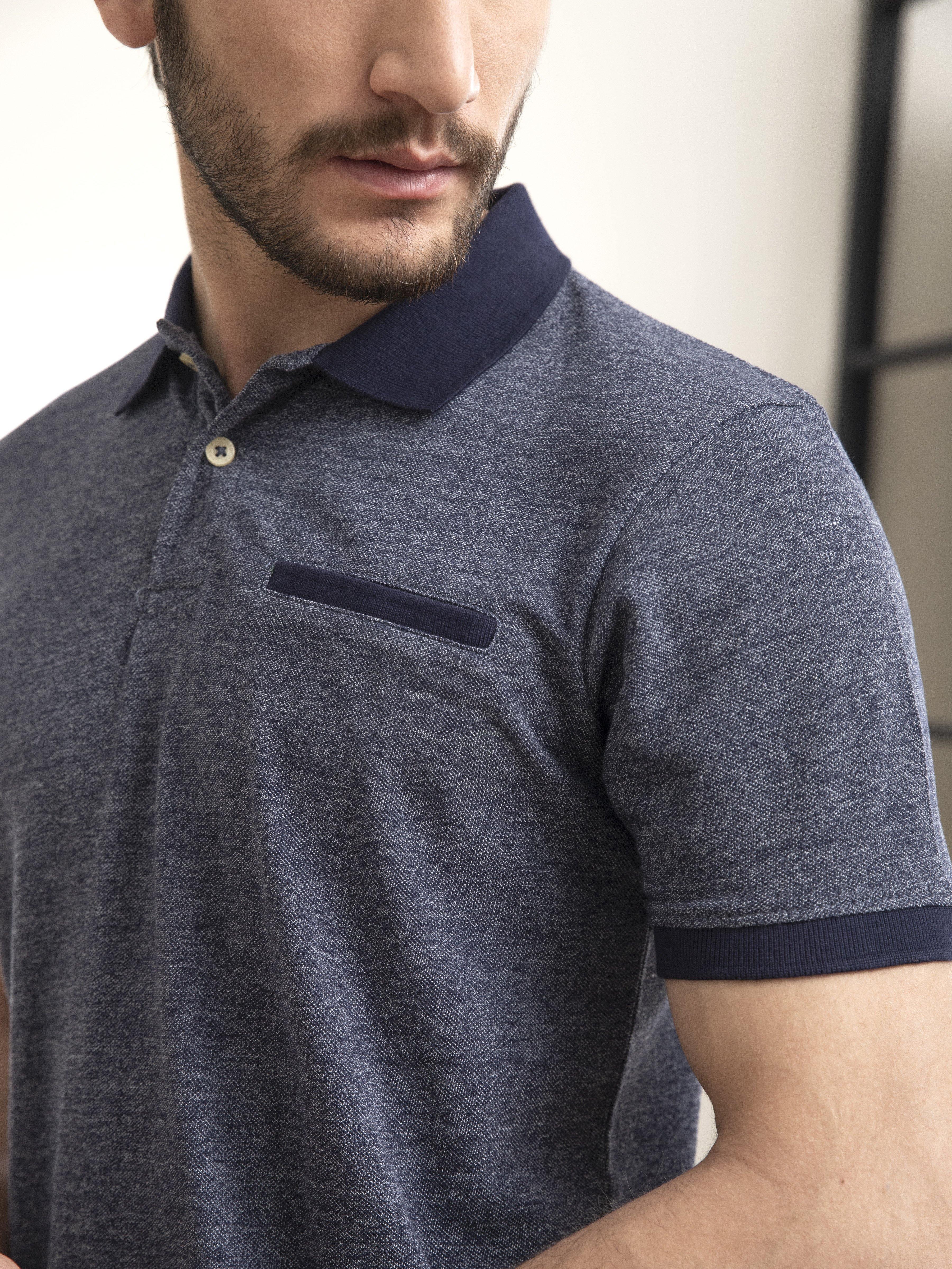 POLO SHIRT SOLID COLLAR CHAIN YARN BONE POCKET NAVY at Charcoal Clothing