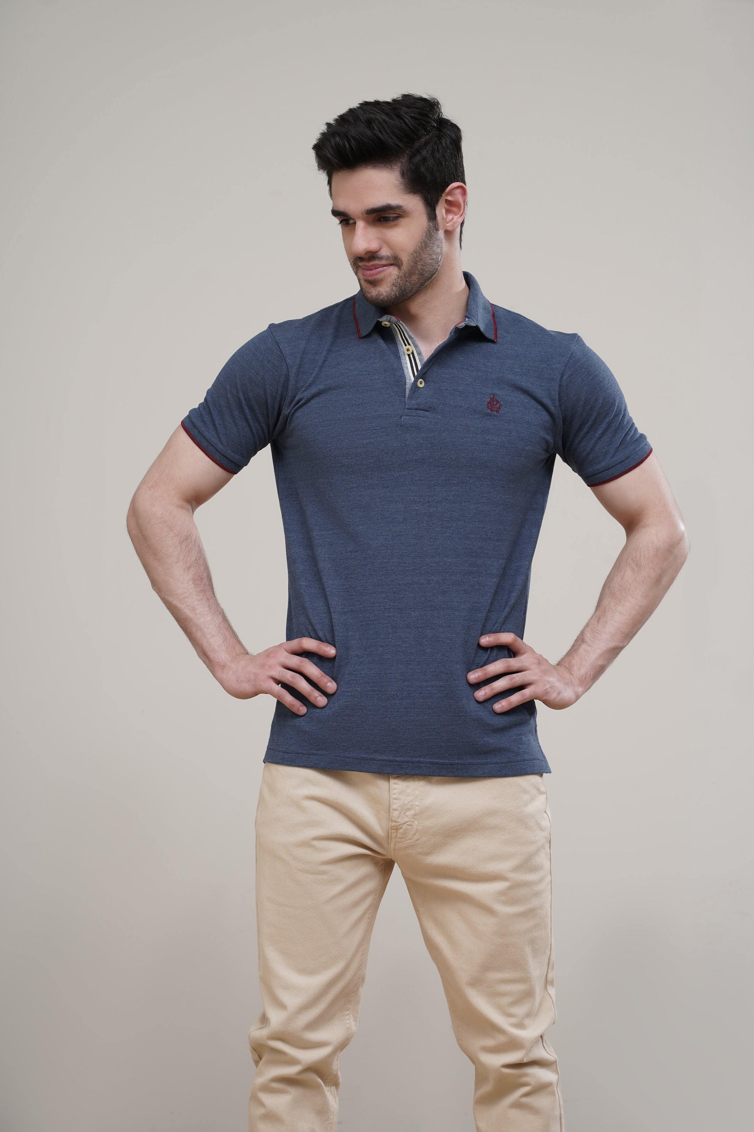 POLO SHIRT TIPPING COLLAR BLUE at Charcoal Clothing