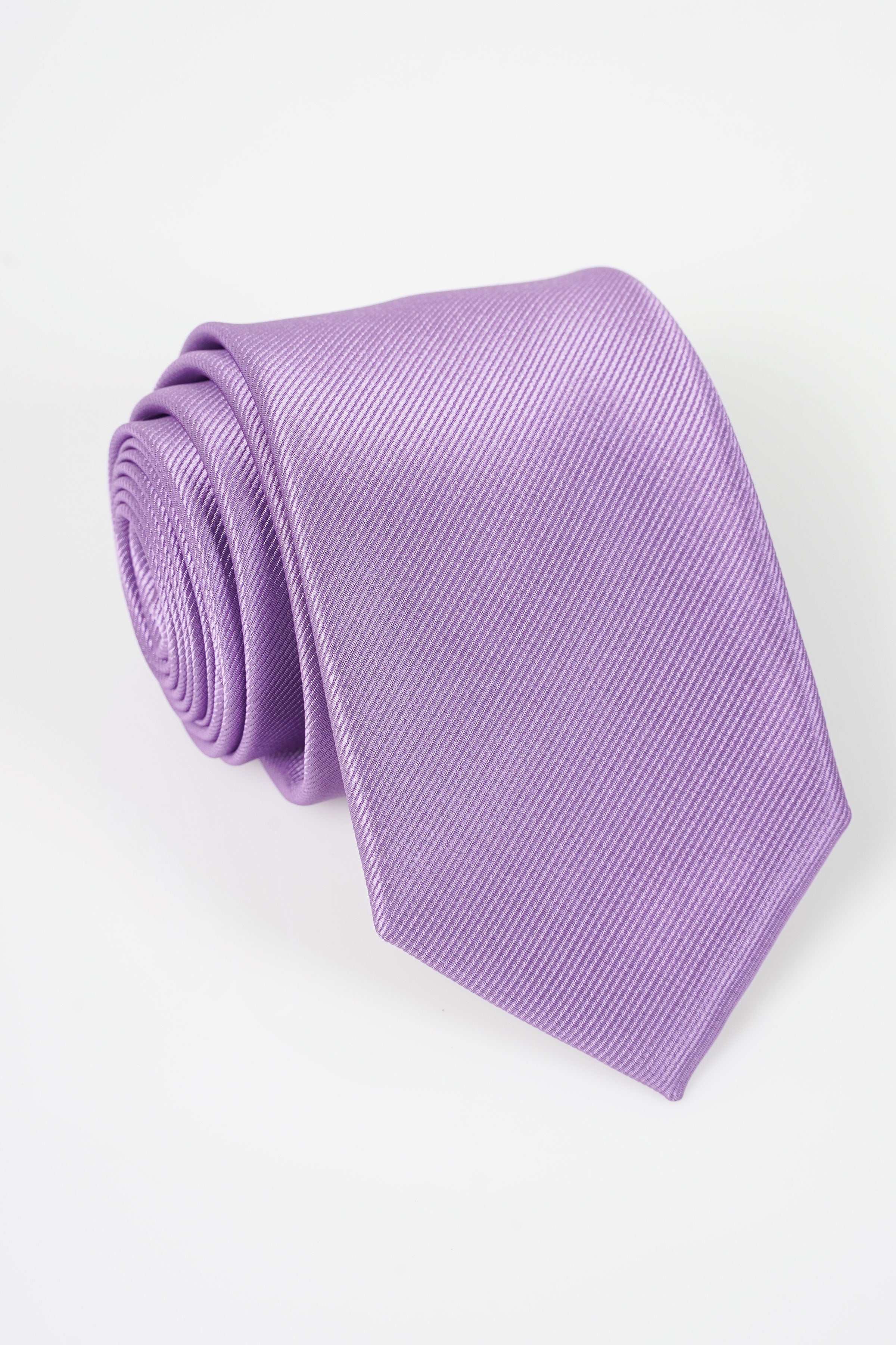 Poly silk tie in light purple with narrow striped weave and rolled end