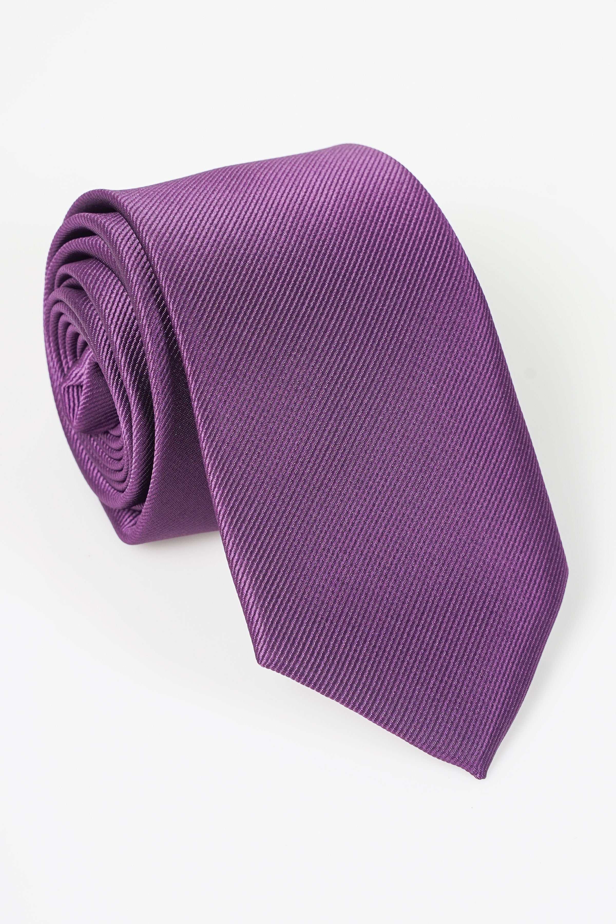 Purple poly silk tie with textured finish, rolled knot-style view