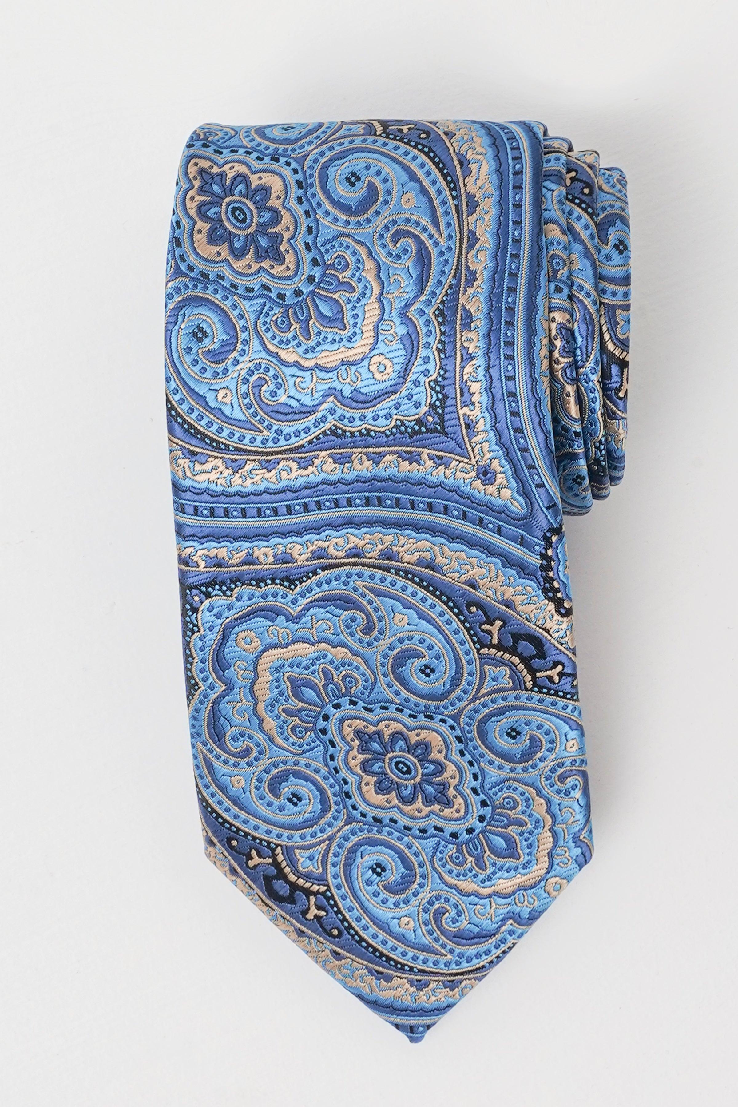 Poly silk tie with blue paisley pattern, pointed end and folded keeper