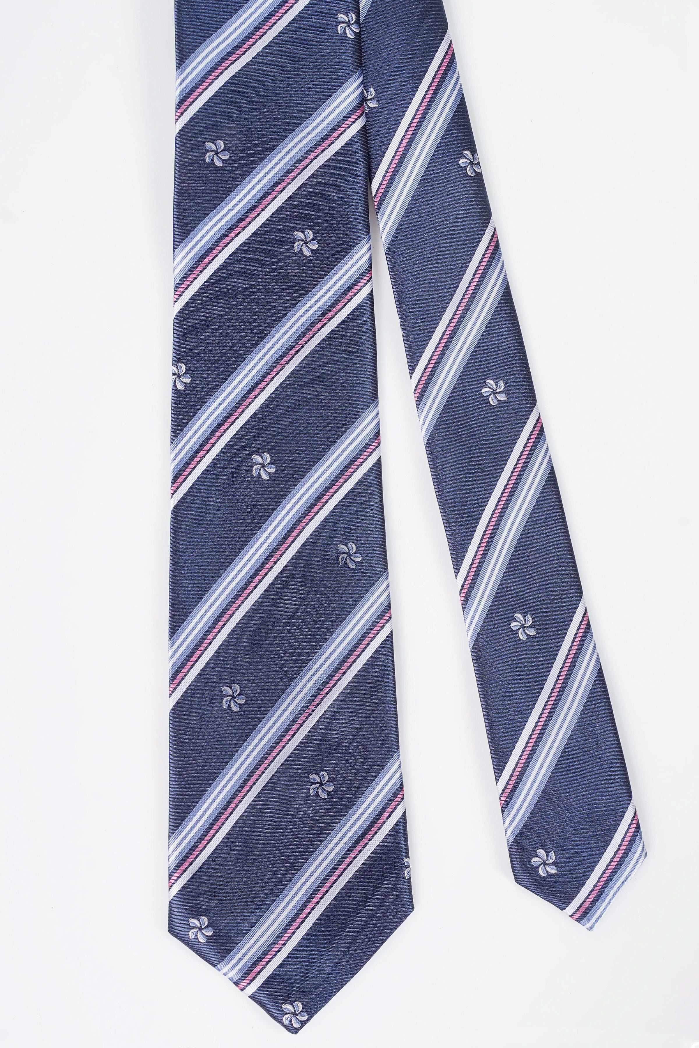Navy necktie with diagonal striped bands in white and pink and small clover motifs