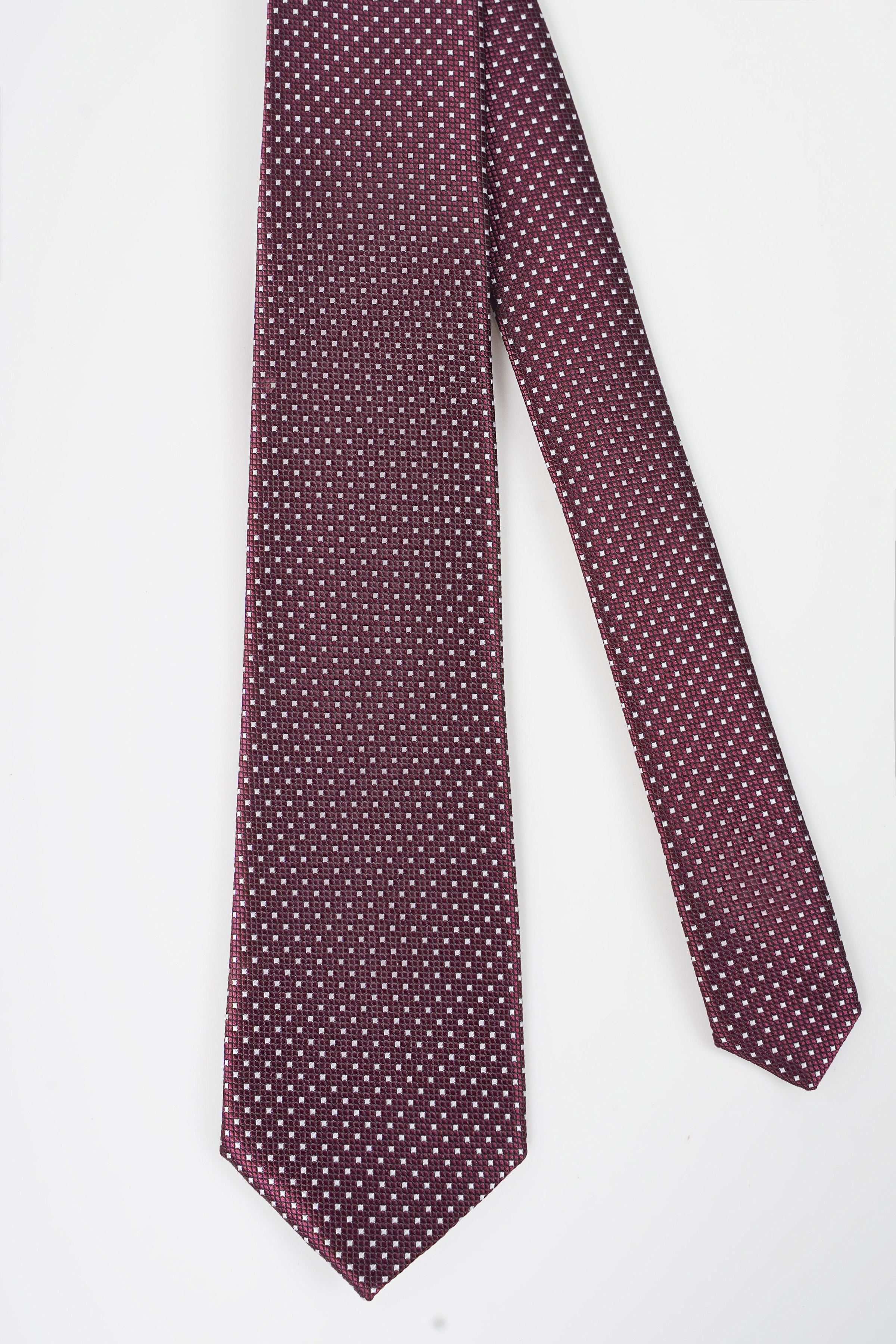 Poly silk tie, dark burgundy with tiny white geometric dot pattern