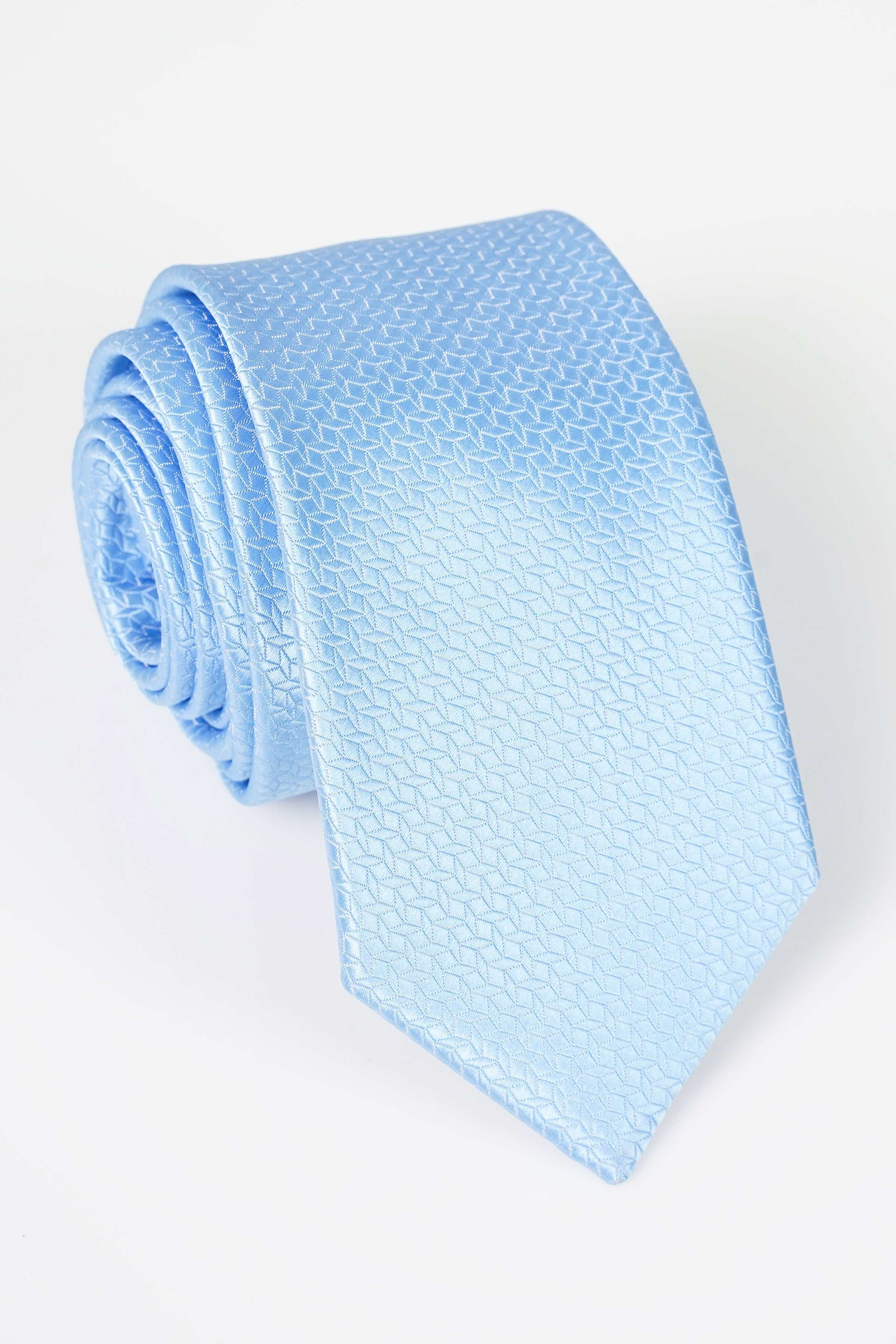 Light blue woven poly silk tie, narrow with textured pattern