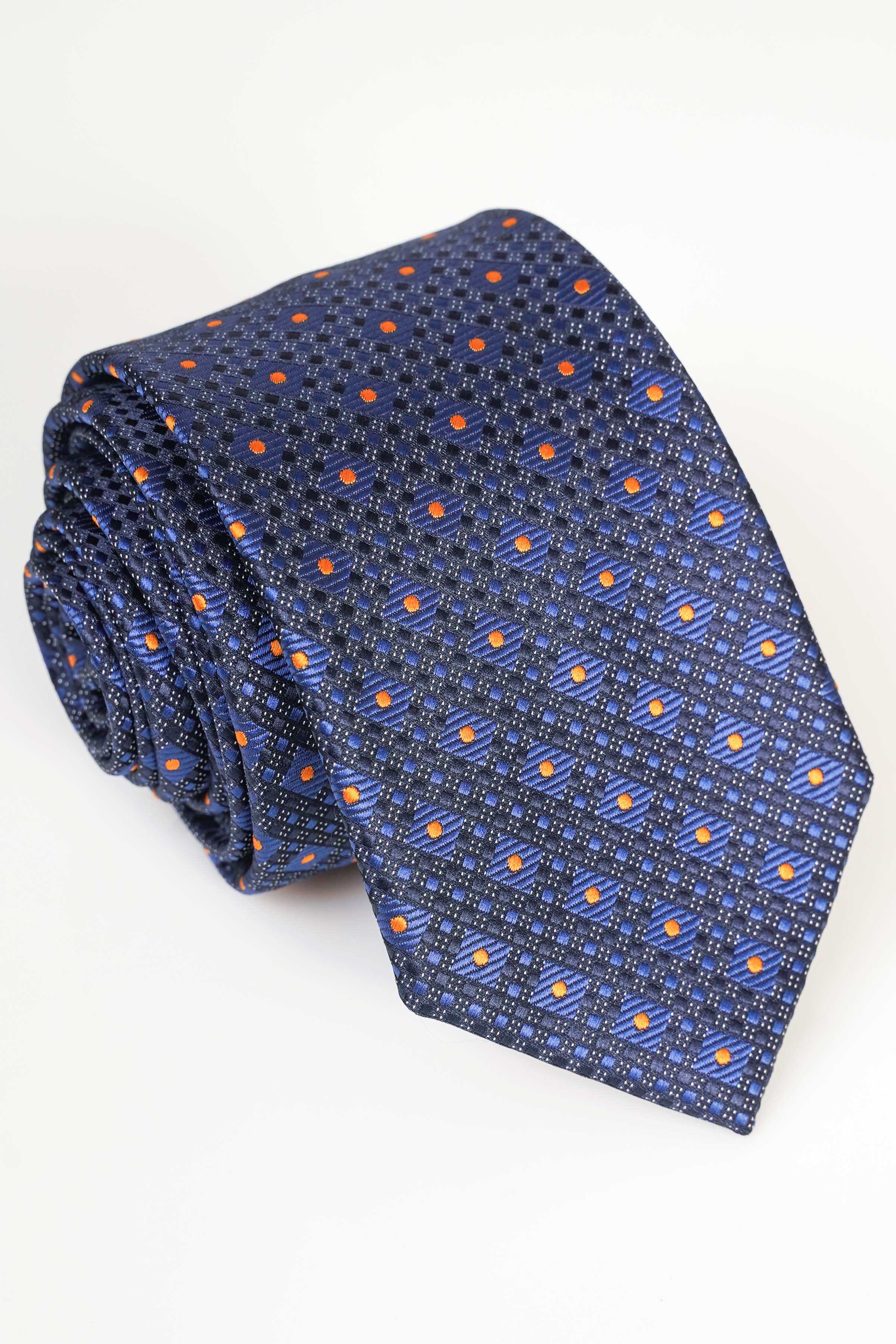 Navy blue poly silk tie with orange and light-blue geometric pattern