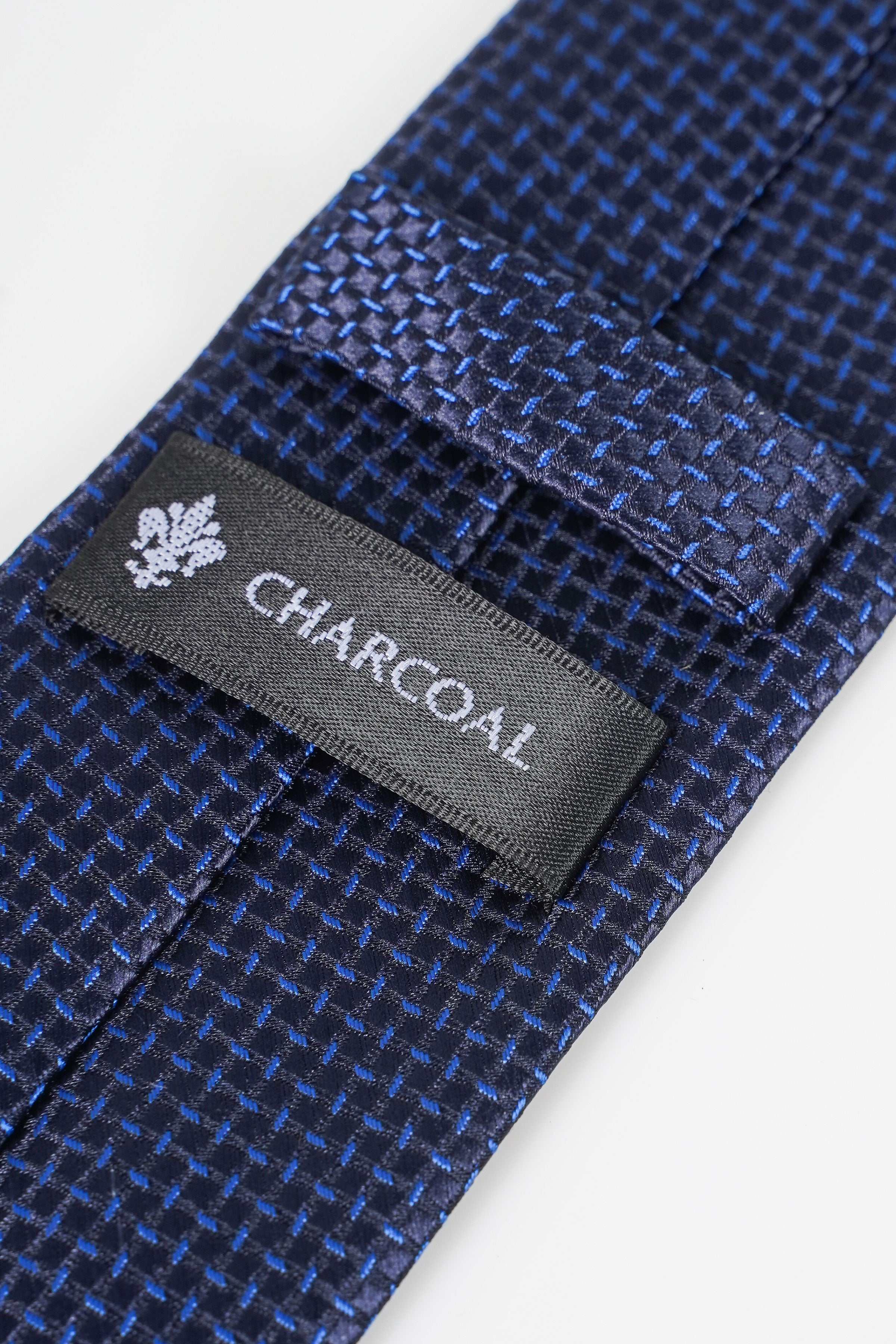 Poly silk tie dark blue textured weave with 'CHARCOAL' name label