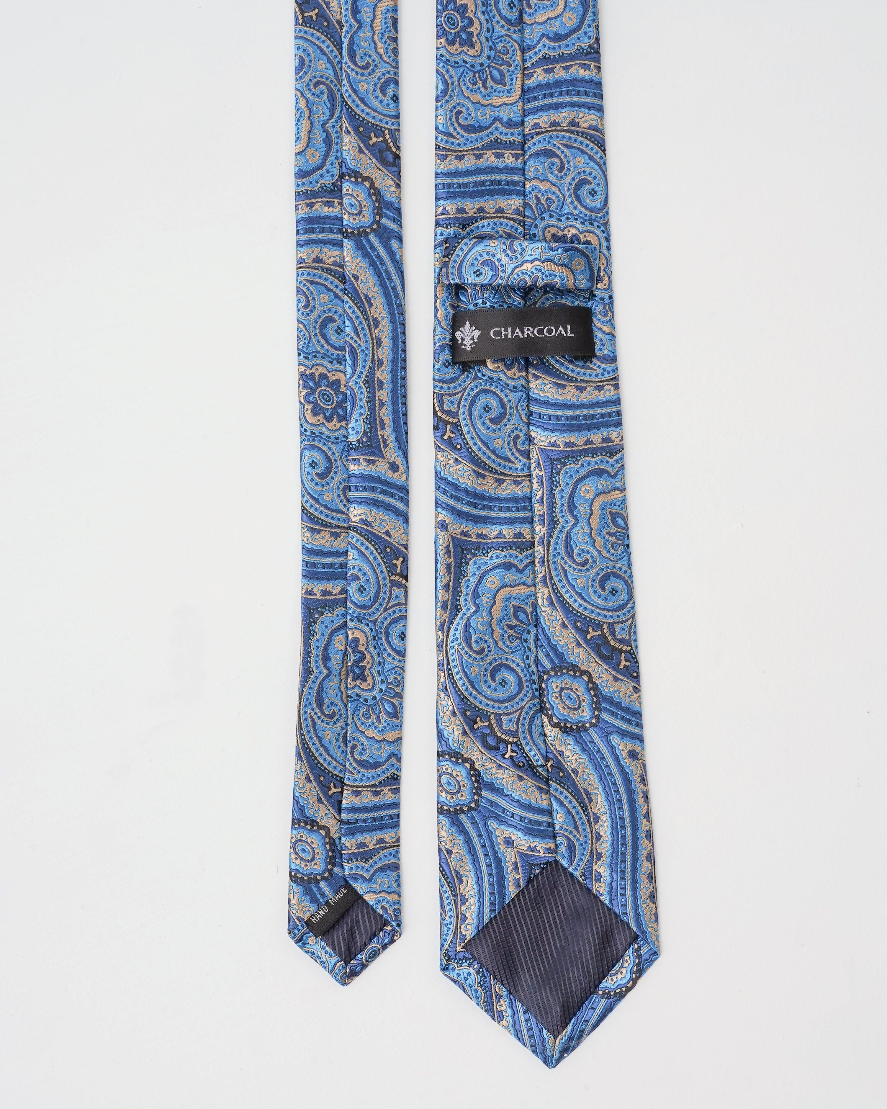 Poly silk tie with blue paisley print and dark 'CHARCOAL' inner label