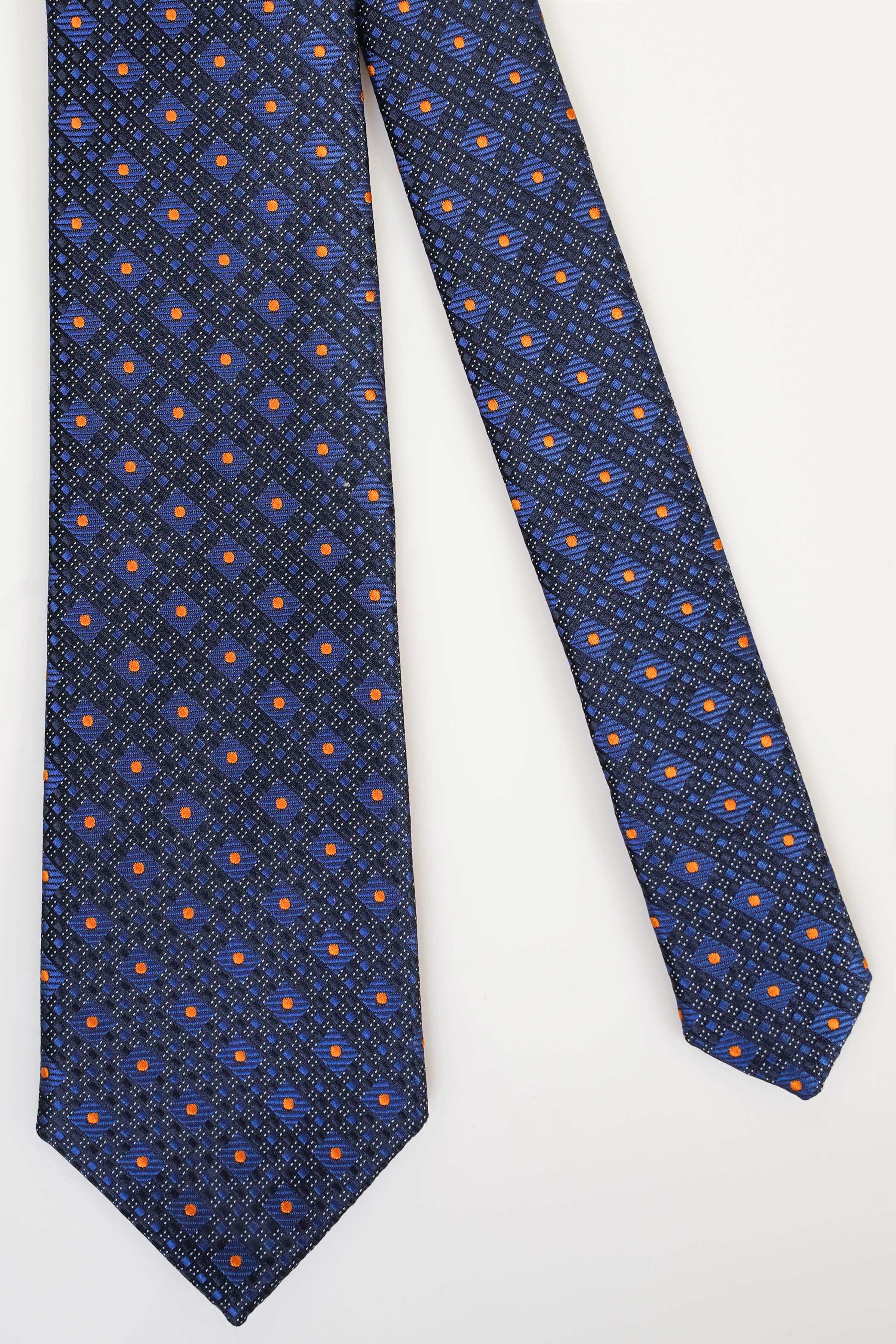 Navy blue poly silk tie with repeating orange and light-blue diamond motifs