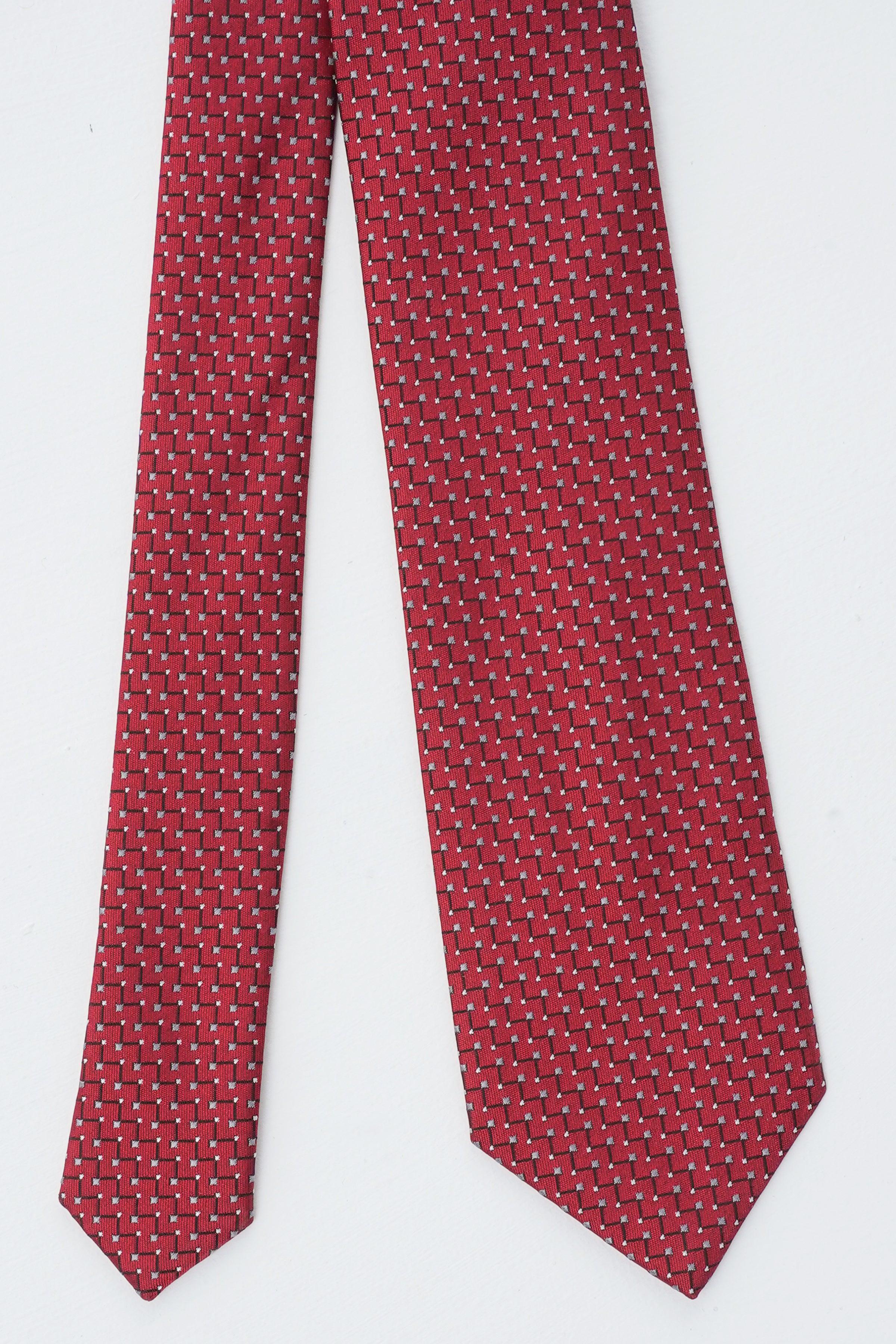 Poly silk tie in deep red with micro pattern, both ends shown